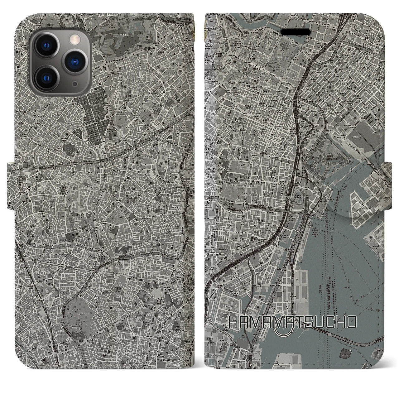 【浜松町(東京都)】地図柄iPhoneケース(手帳タイプ)モノトーン・iPhone 11 Pro Max 用