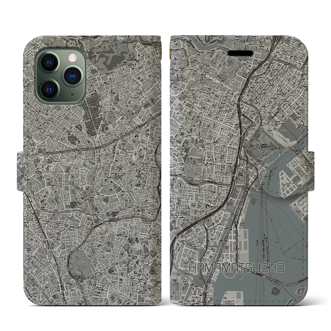 【浜松町(東京都)】地図柄iPhoneケース(手帳タイプ)モノトーン・iPhone 11 Pro 用