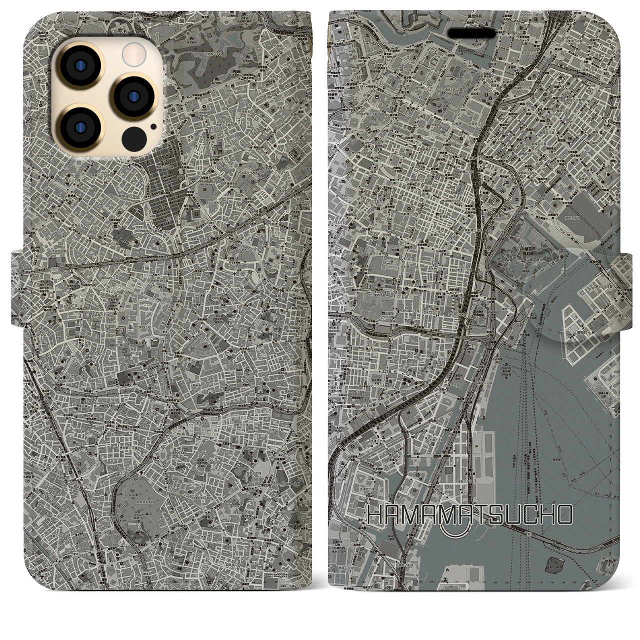 【浜松町(東京都)】地図柄iPhoneケース(手帳タイプ)モノトーン・iPhone 12 Pro Max 用