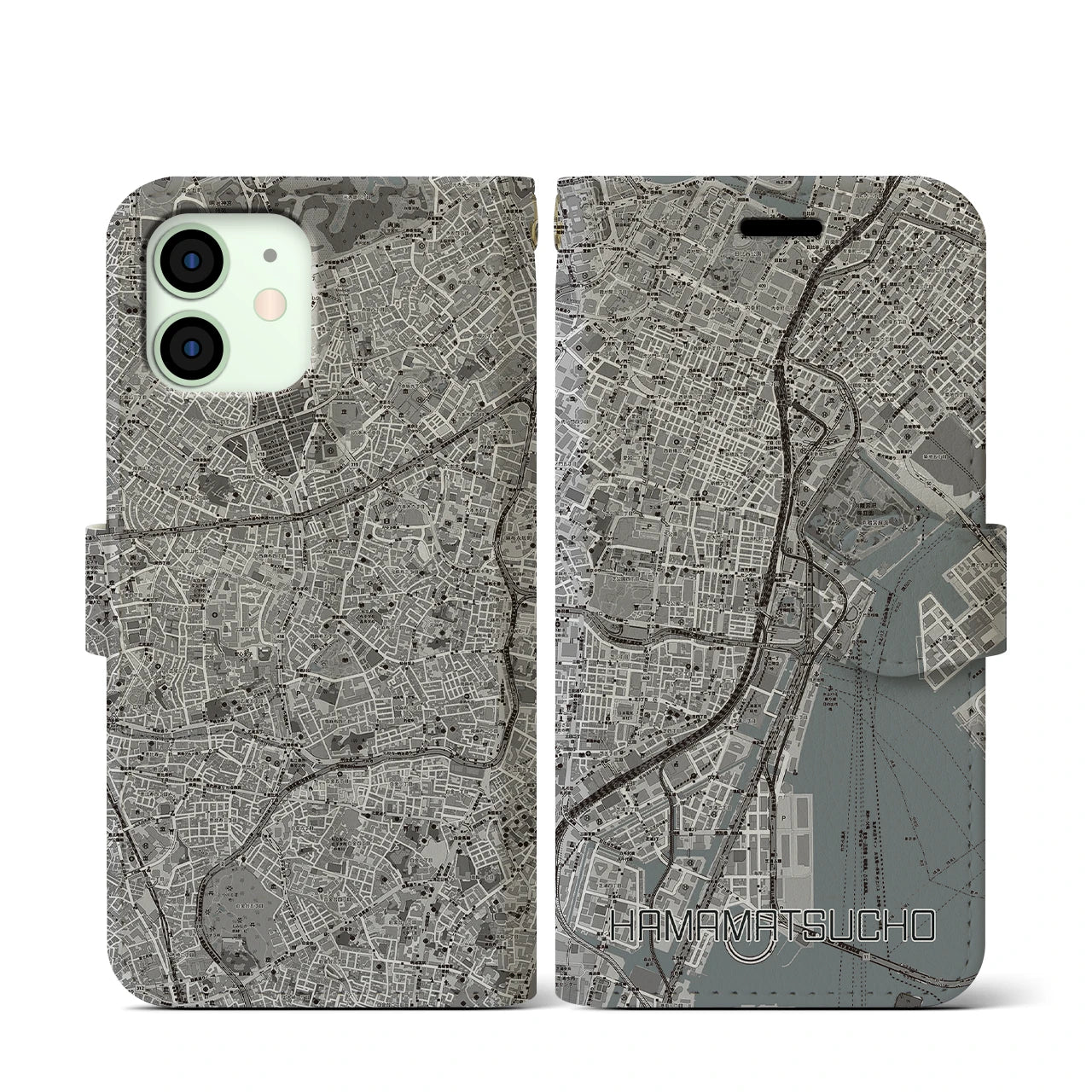【浜松町(東京都)】地図柄iPhoneケース(手帳タイプ)モノトーン・iPhone 12 mini 用