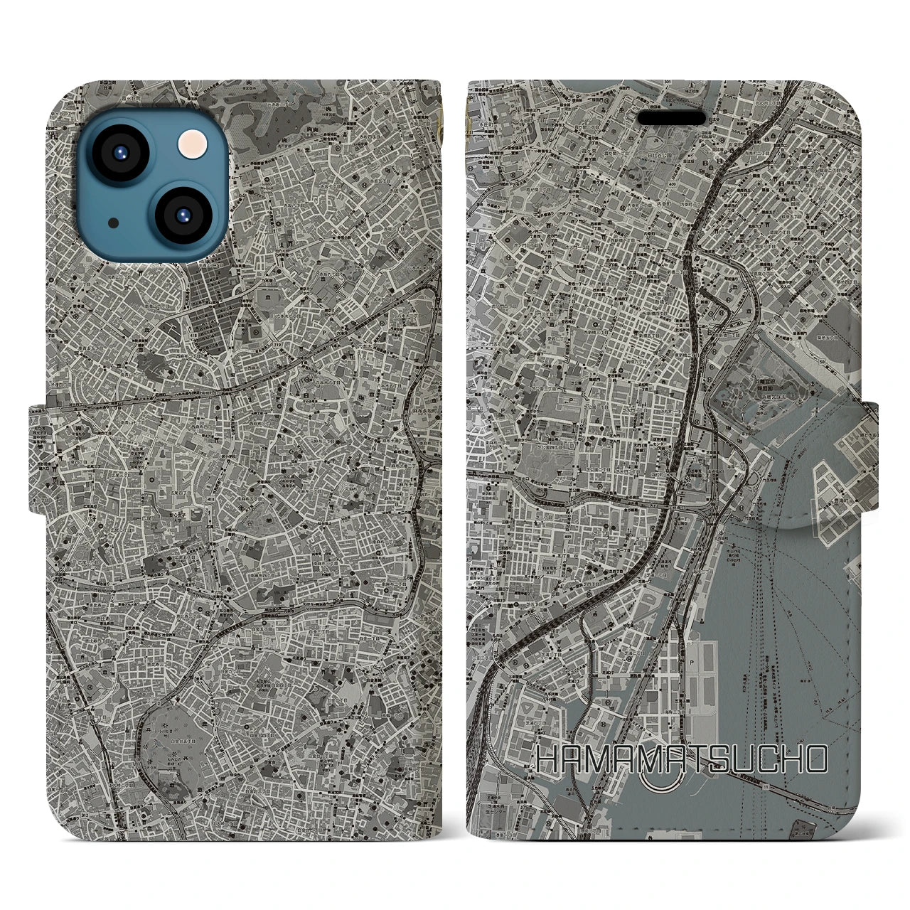 【浜松町(東京都)】地図柄iPhoneケース(手帳タイプ)モノトーン・iPhone 13 用