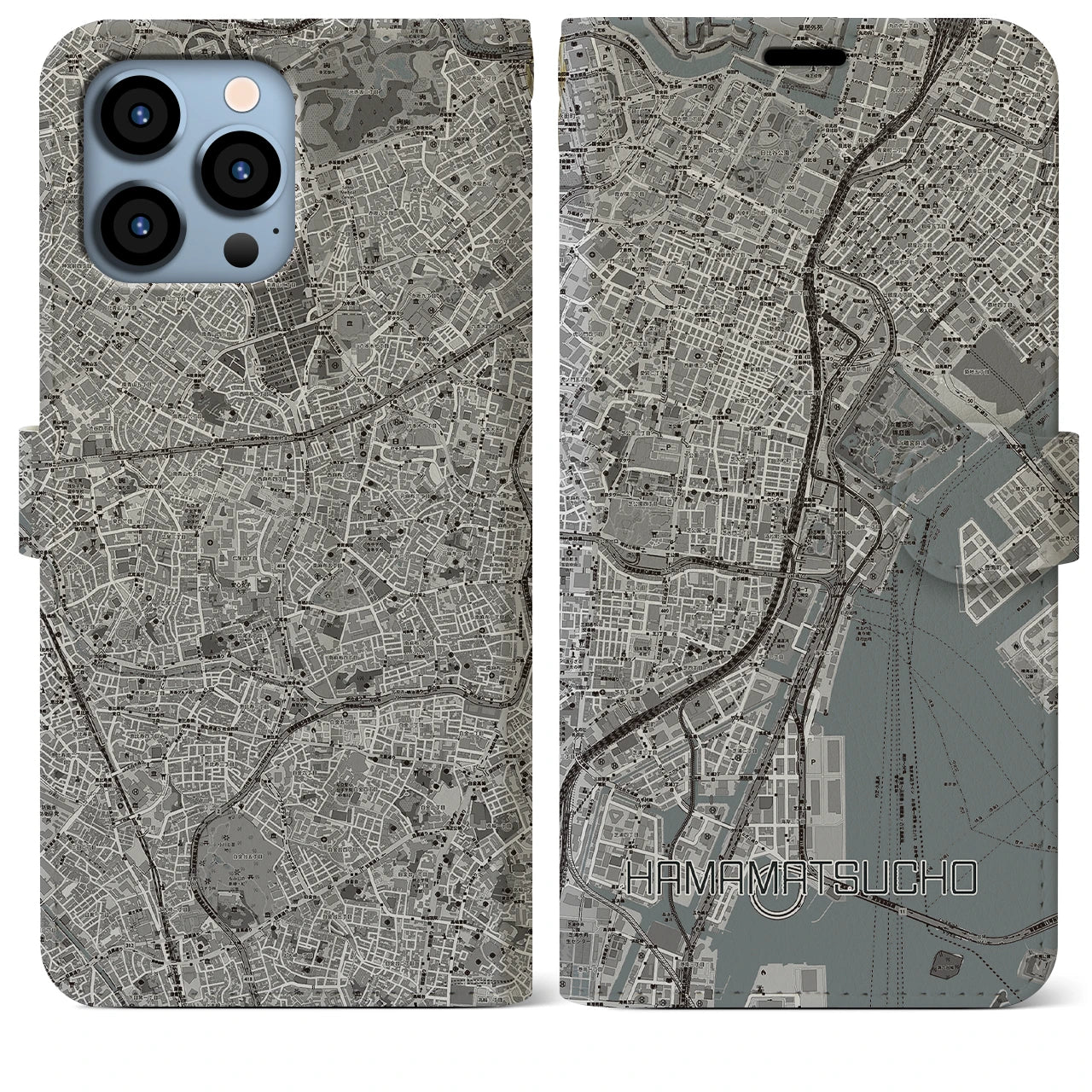 【浜松町(東京都)】地図柄iPhoneケース(手帳タイプ)モノトーン・iPhone 13 Pro Max 用