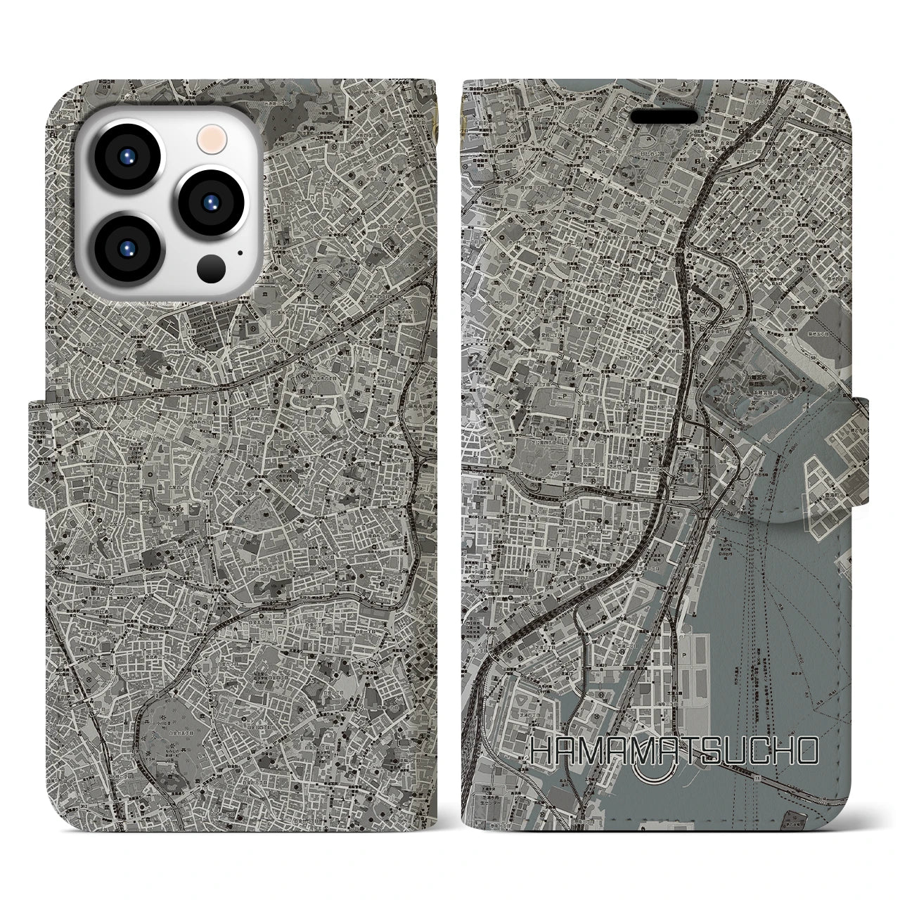 【浜松町(東京都)】地図柄iPhoneケース(手帳タイプ)モノトーン・iPhone 13 Pro 用