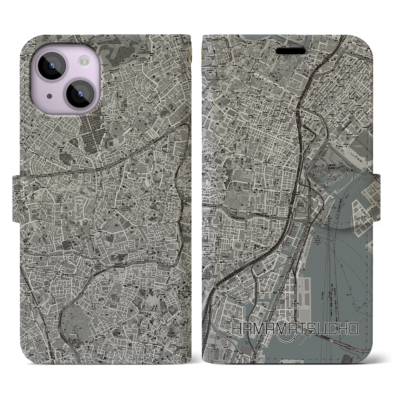 【浜松町(東京都)】地図柄iPhoneケース(手帳タイプ)モノトーン・iPhone 14 用