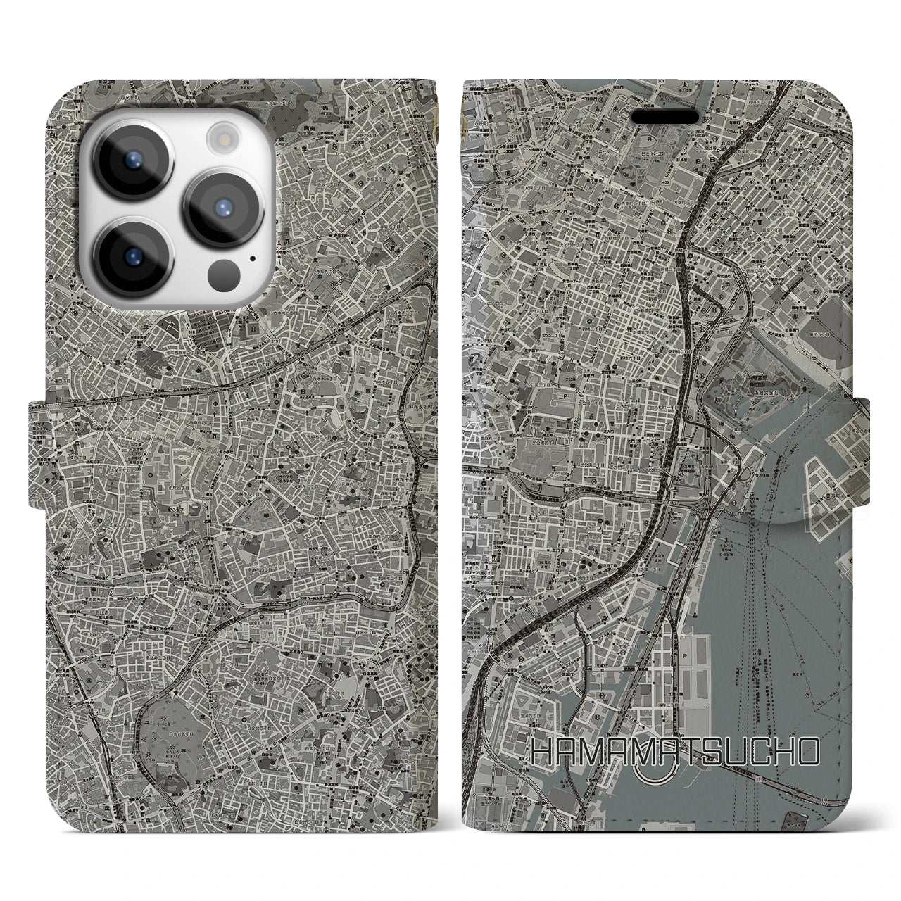 【浜松町(東京都)】地図柄iPhoneケース(手帳タイプ)モノトーン・iPhone 14 Pro 用