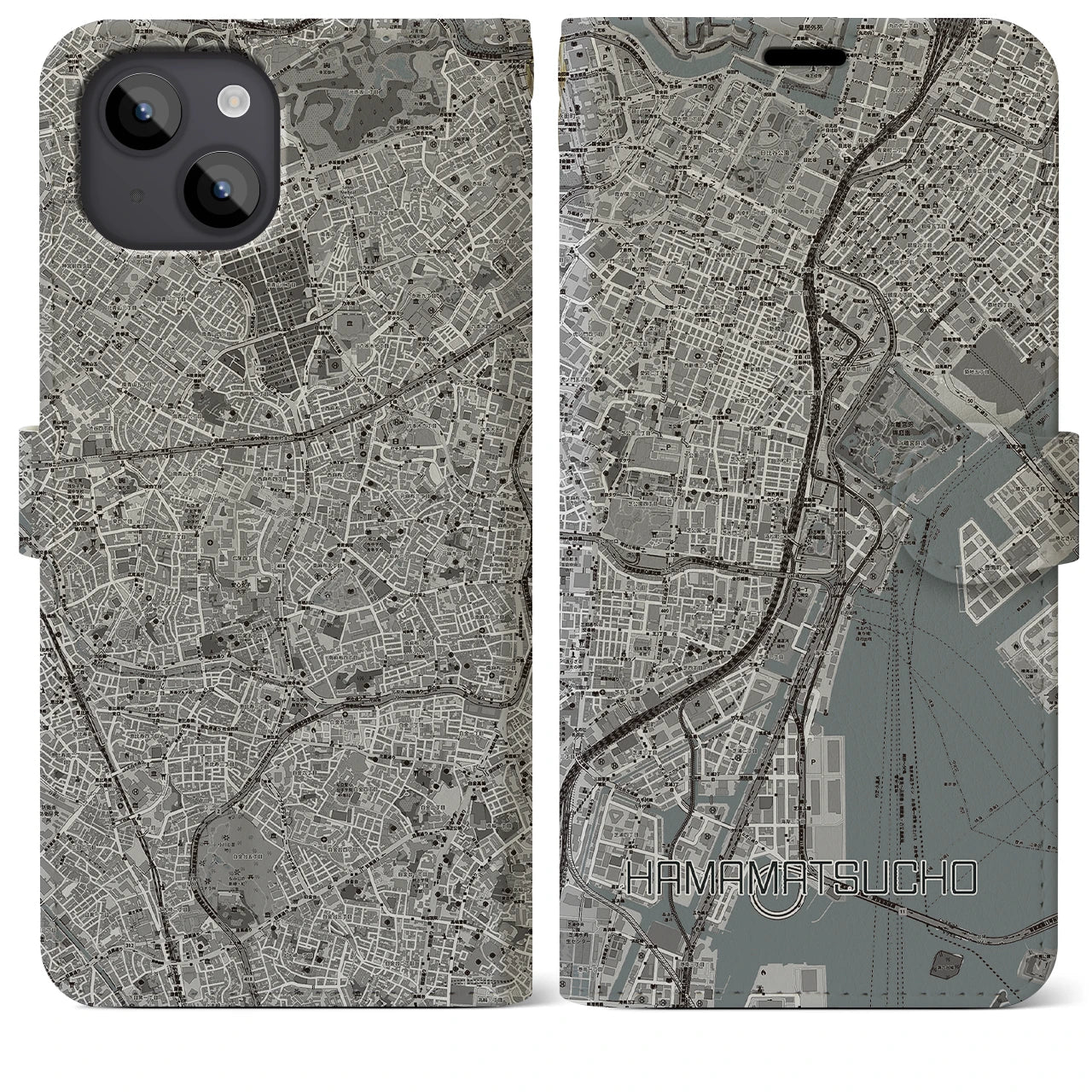 【浜松町(東京都)】地図柄iPhoneケース(手帳タイプ)モノトーン・iPhone 14 Plus 用