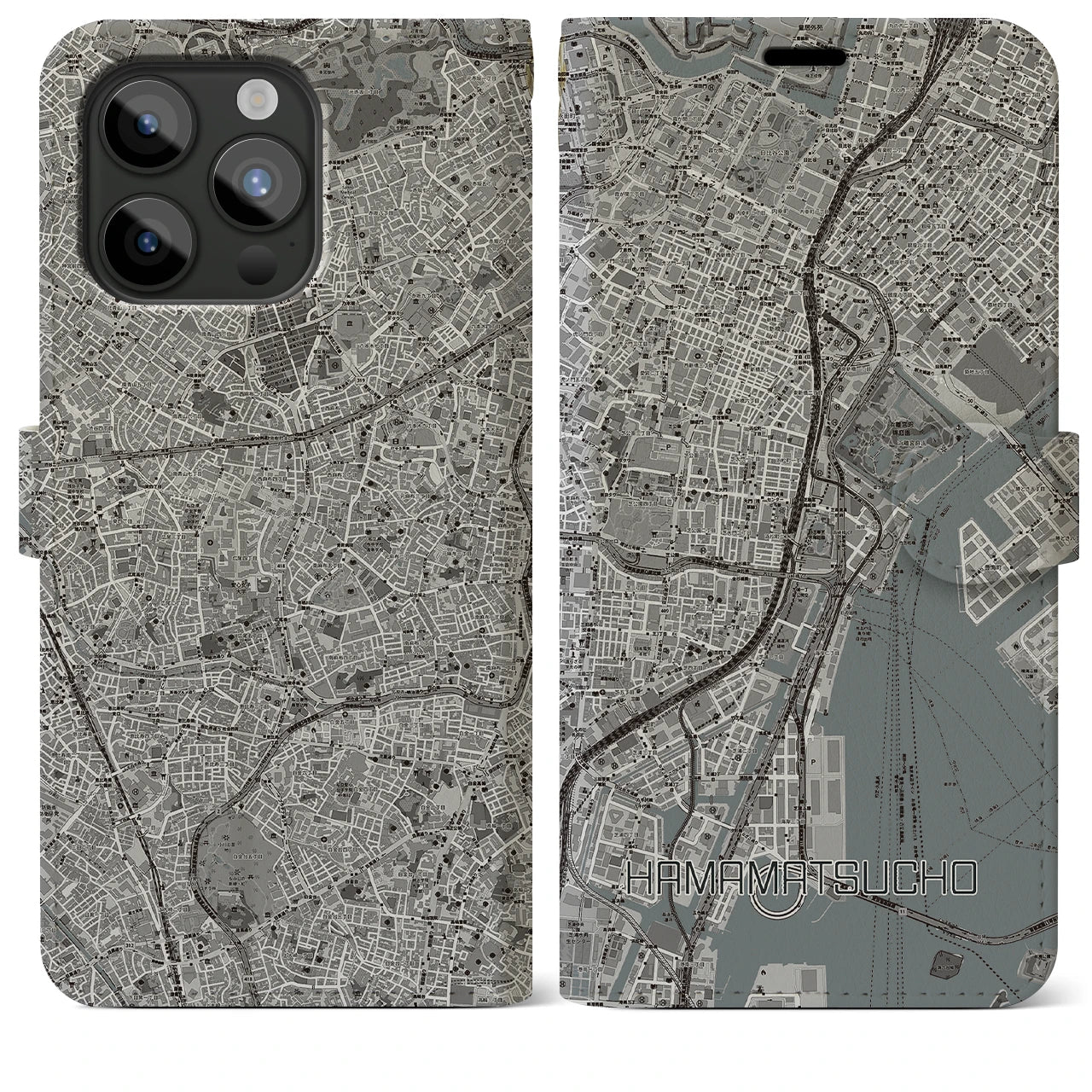 【浜松町(東京都)】地図柄iPhoneケース(手帳タイプ)モノトーン・iPhone 15 Pro Max 用