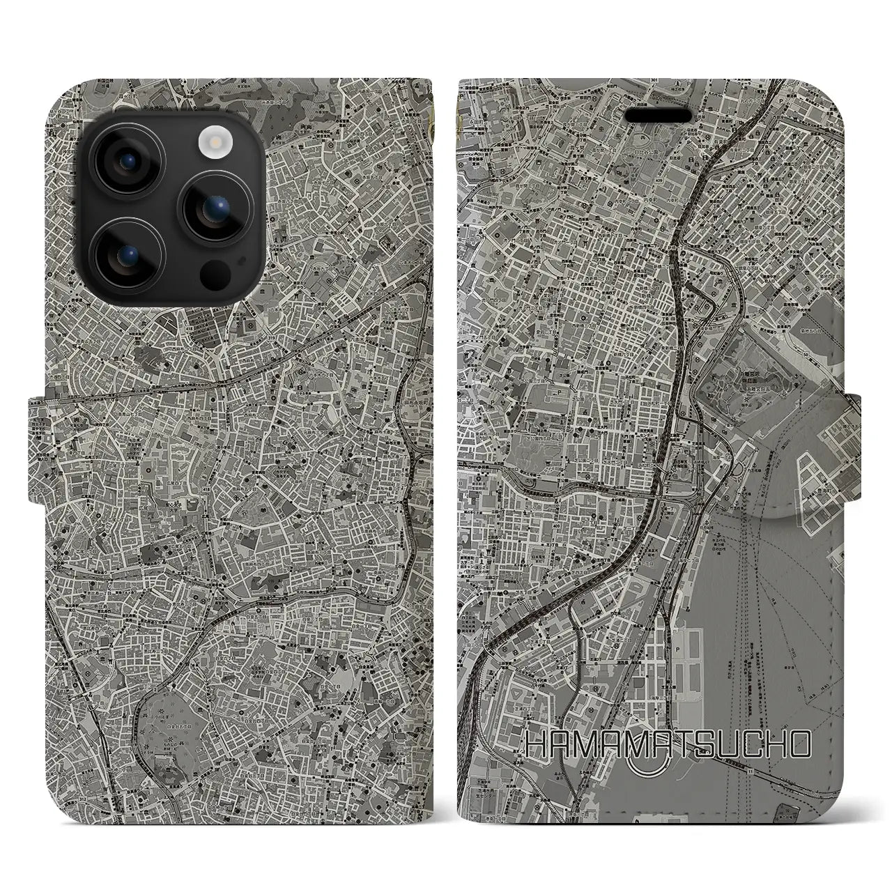 【浜松町(東京都)】地図柄iPhoneケース(手帳タイプ)モノトーン・iPhone 16 用