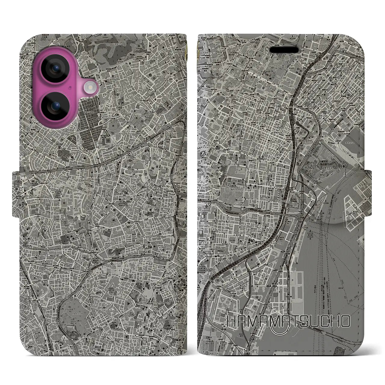 【浜松町(東京都)】地図柄iPhoneケース(手帳タイプ)モノトーン・iPhone 16 Pro 用
