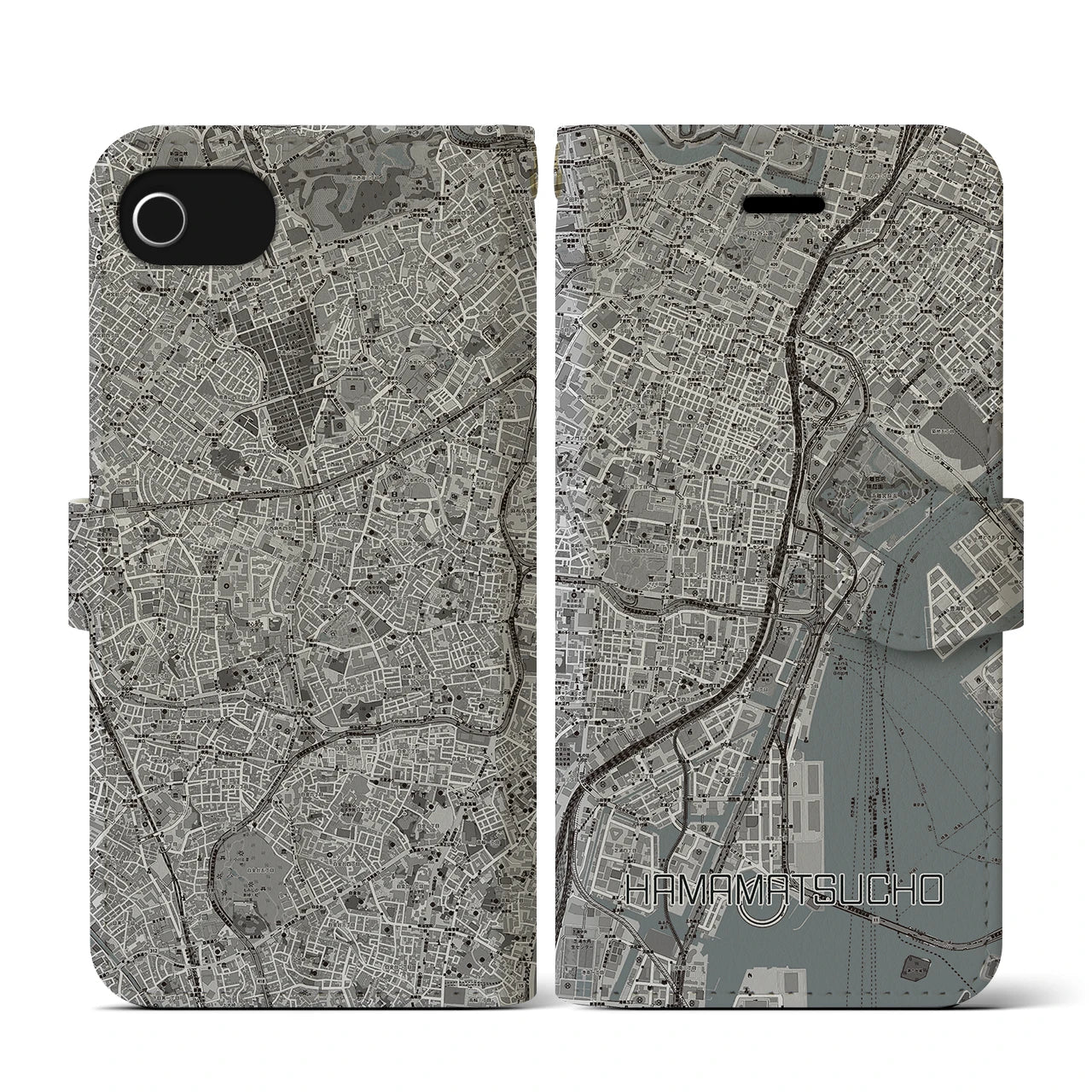 【浜松町(東京都)】地図柄iPhoneケース(手帳タイプ)モノトーン・iPhone SE(第3 / 第2世代) / 8 / 7 / 6s / 6 用