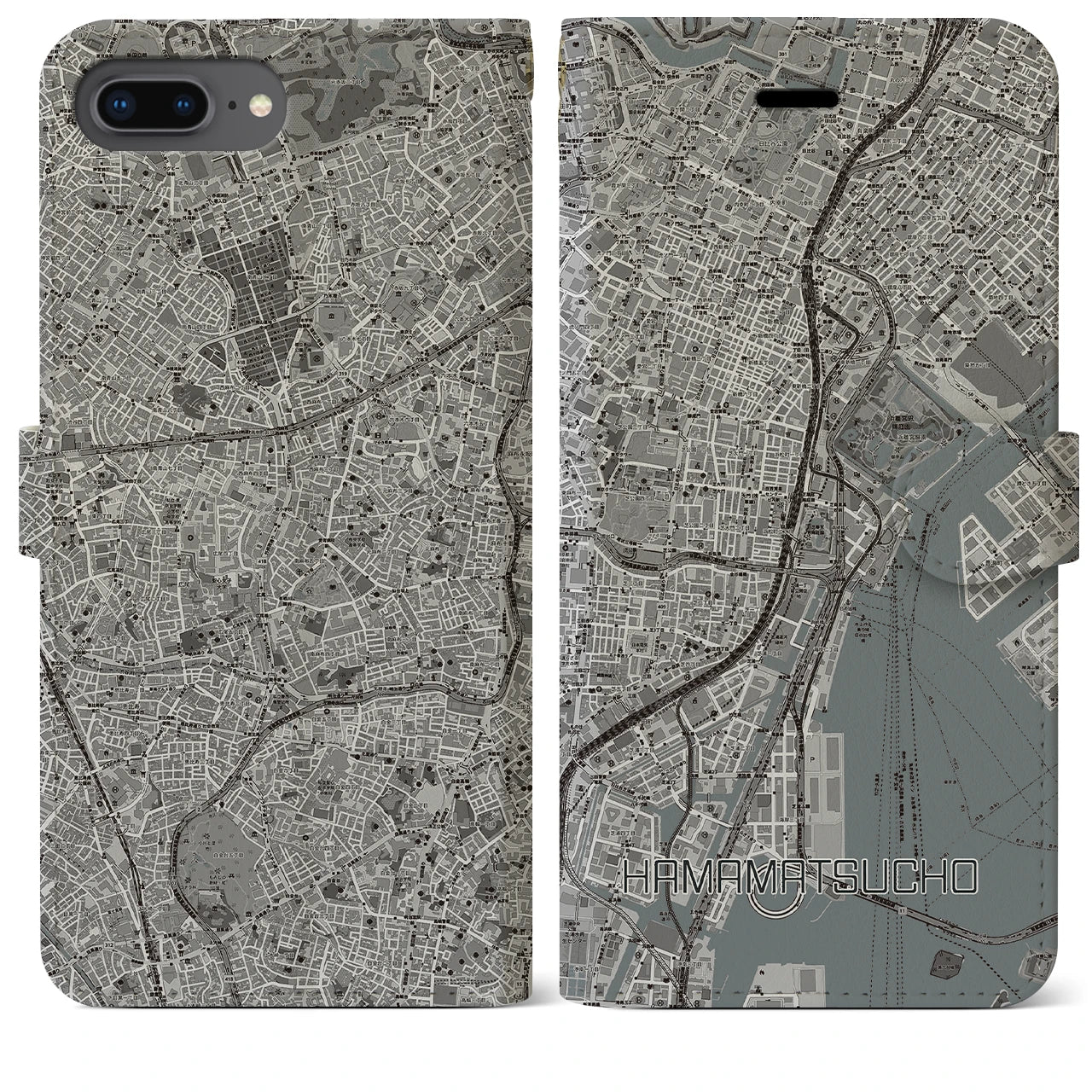 【浜松町(東京都)】地図柄iPhoneケース(手帳タイプ)モノトーン・iPhone 8Plus /7Plus / 6sPlus / 6Plus 用