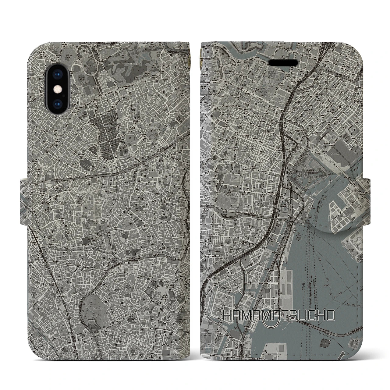 【浜松町(東京都)】地図柄iPhoneケース(手帳タイプ)モノトーン・iPhone XS / X 用