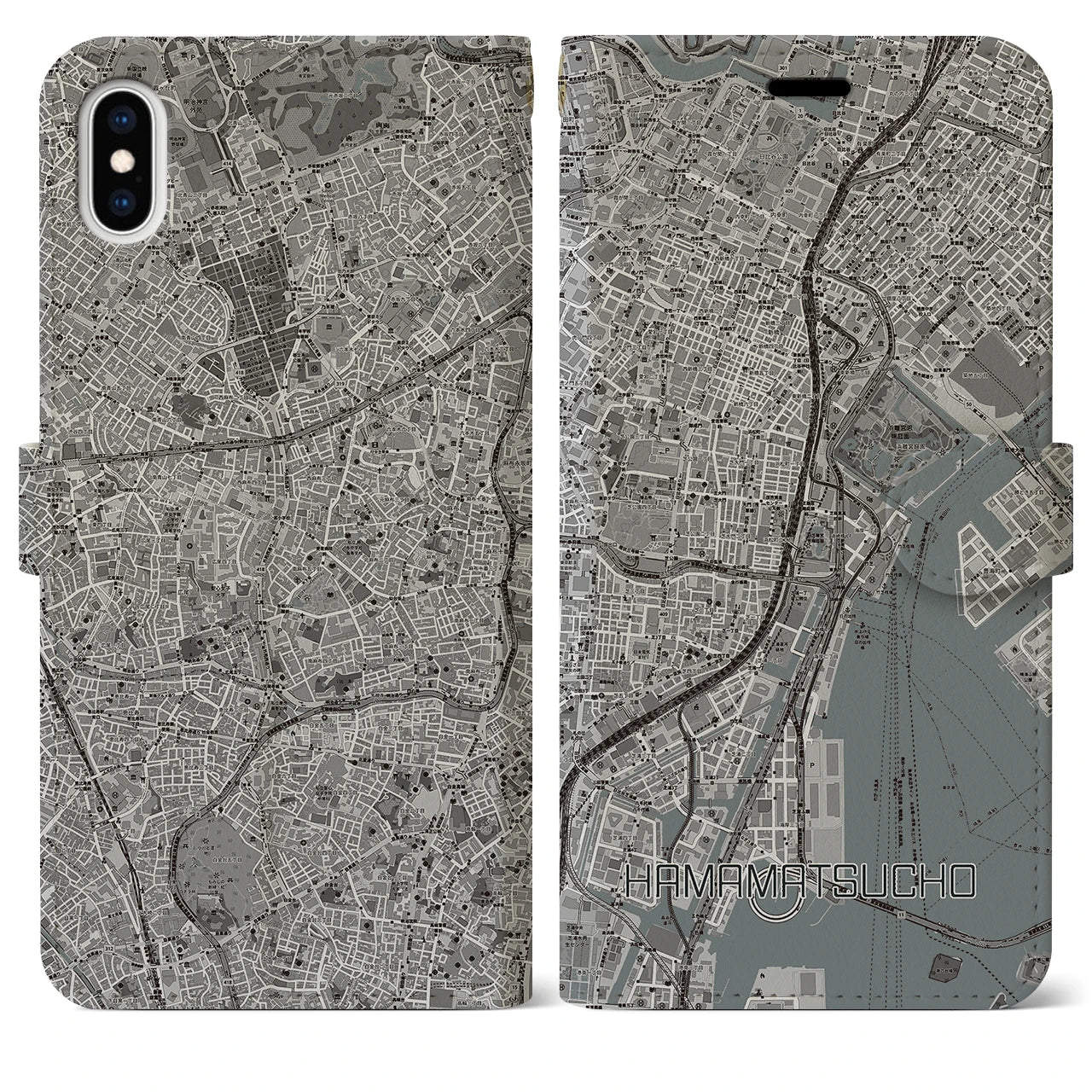 【浜松町(東京都)】地図柄iPhoneケース(手帳タイプ)モノトーン・iPhone XS Max 用