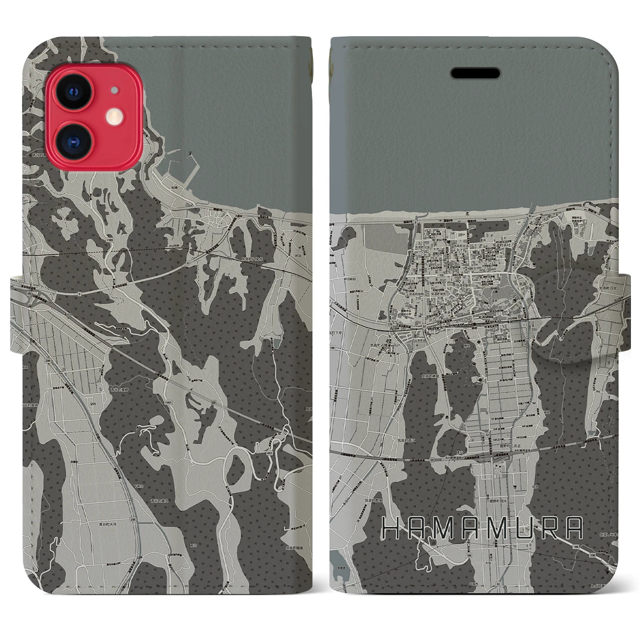 【浜村(鳥取県)】地図柄iPhoneケース(手帳タイプ)モノトーン・iPhone 11 用