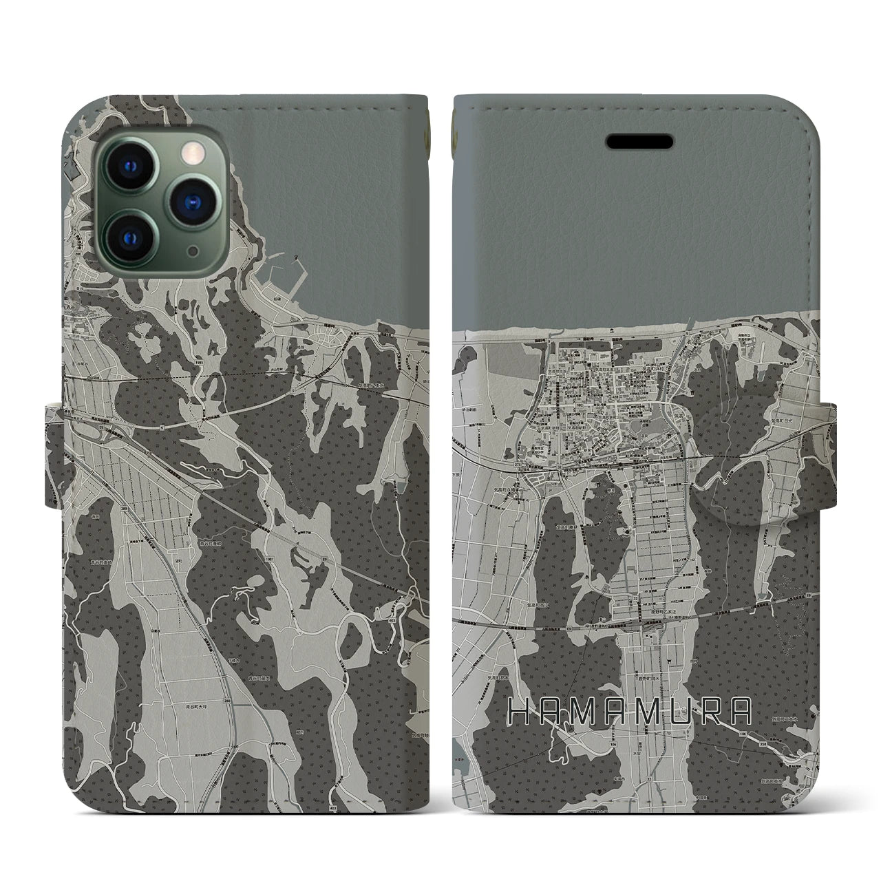 【浜村(鳥取県)】地図柄iPhoneケース(手帳タイプ)モノトーン・iPhone 11 Pro 用