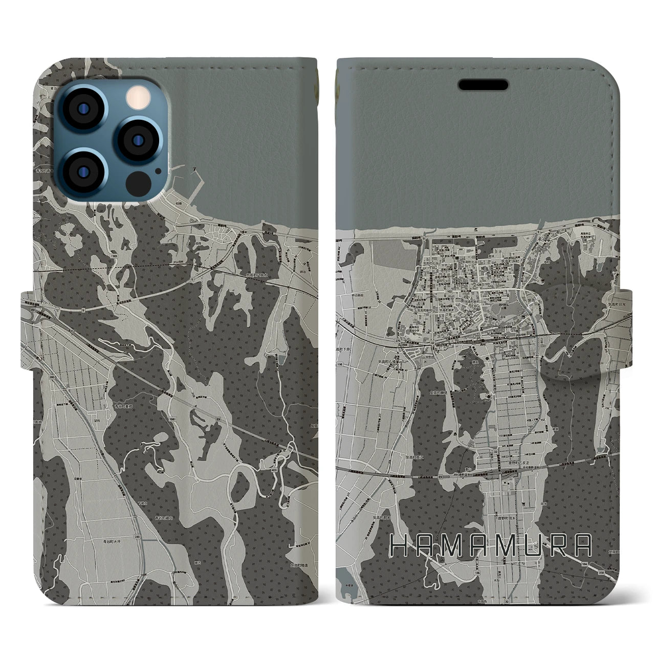 【浜村(鳥取県)】地図柄iPhoneケース(手帳タイプ)モノトーン・iPhone 12 / 12 Pro 用
