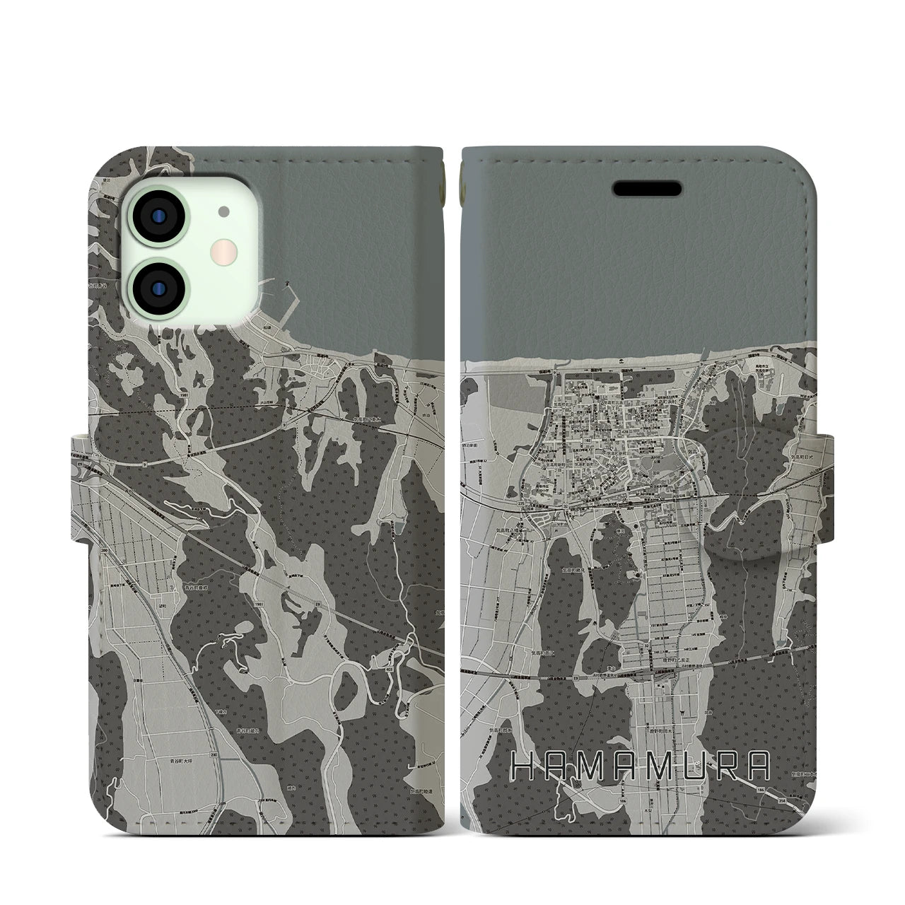 【浜村(鳥取県)】地図柄iPhoneケース(手帳タイプ)モノトーン・iPhone 12 mini 用
