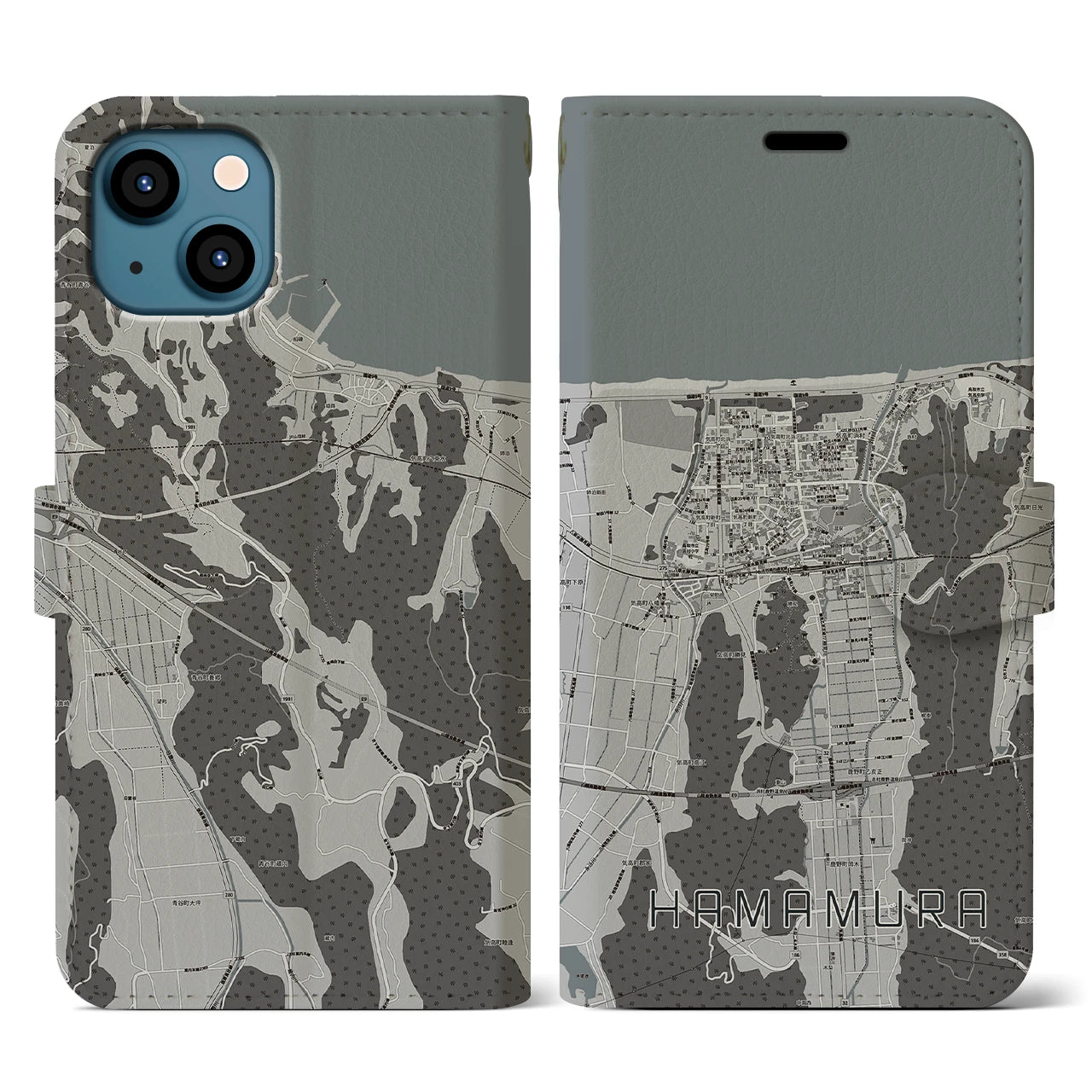 【浜村(鳥取県)】地図柄iPhoneケース(手帳タイプ)モノトーン・iPhone 13 用