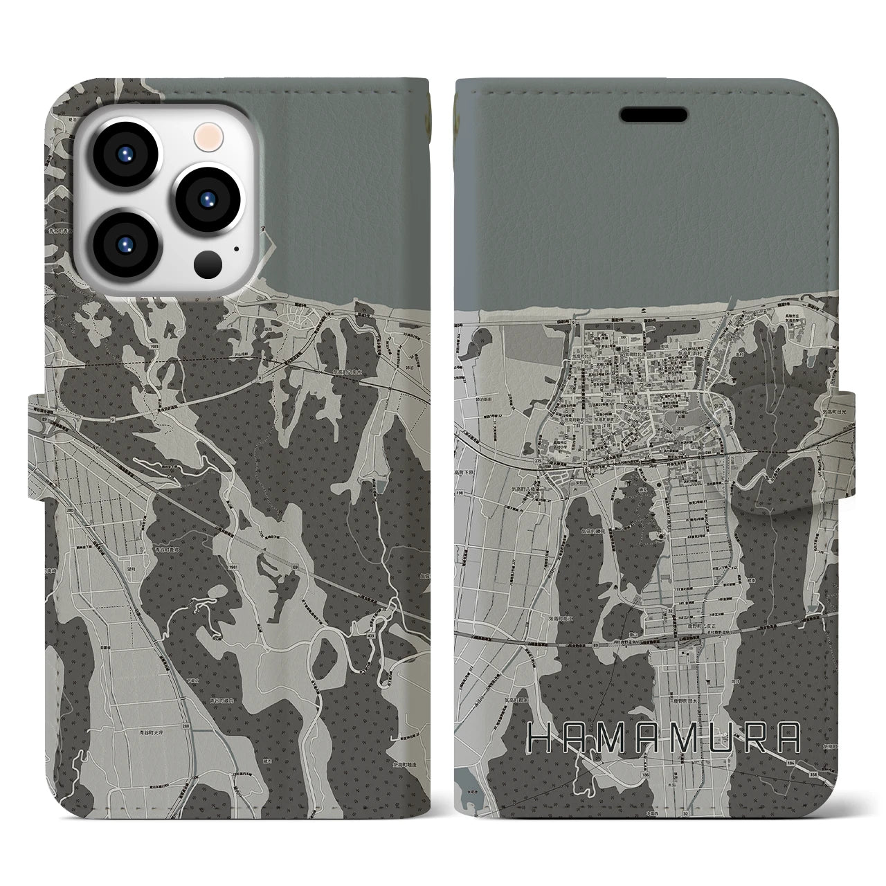 【浜村(鳥取県)】地図柄iPhoneケース(手帳タイプ)モノトーン・iPhone 13 Pro 用