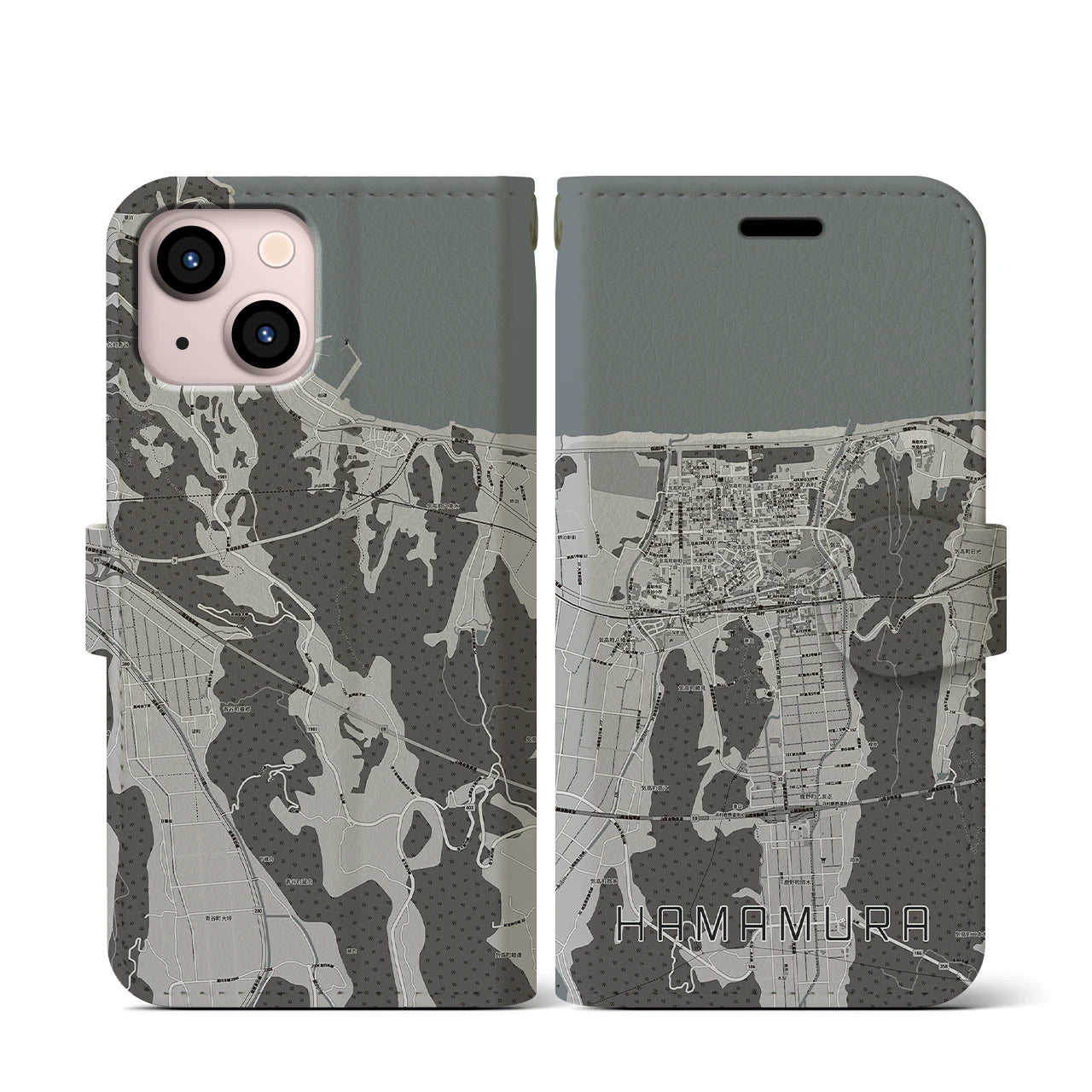 【浜村(鳥取県)】地図柄iPhoneケース(手帳タイプ)モノトーン・iPhone 13 mini 用