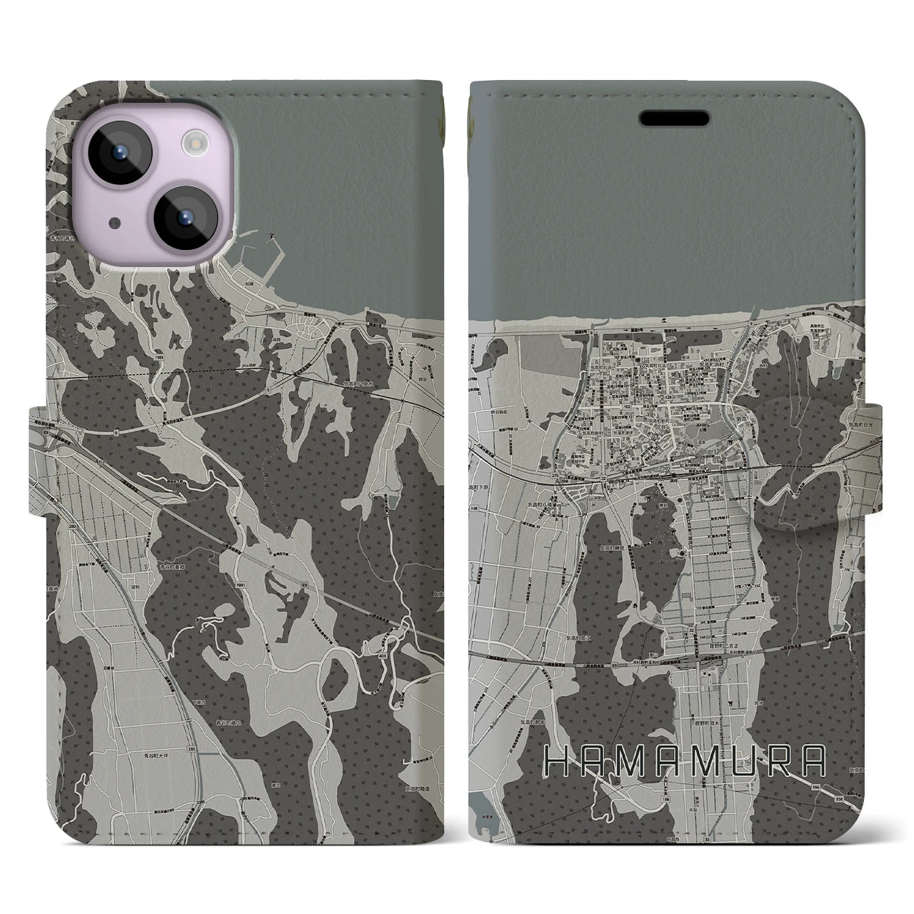 【浜村(鳥取県)】地図柄iPhoneケース(手帳タイプ)モノトーン・iPhone 14 用