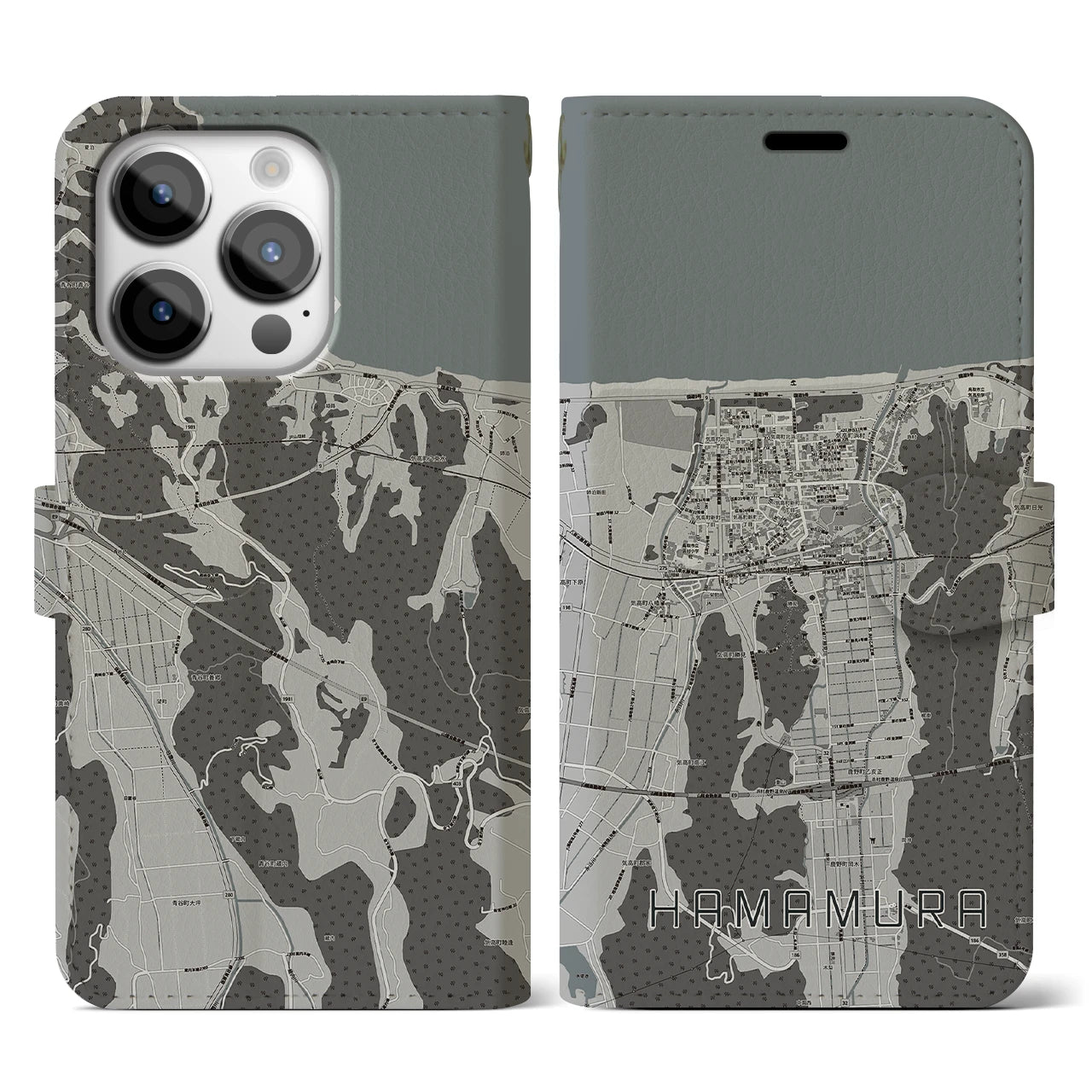 【浜村(鳥取県)】地図柄iPhoneケース(手帳タイプ)モノトーン・iPhone 14 Pro 用