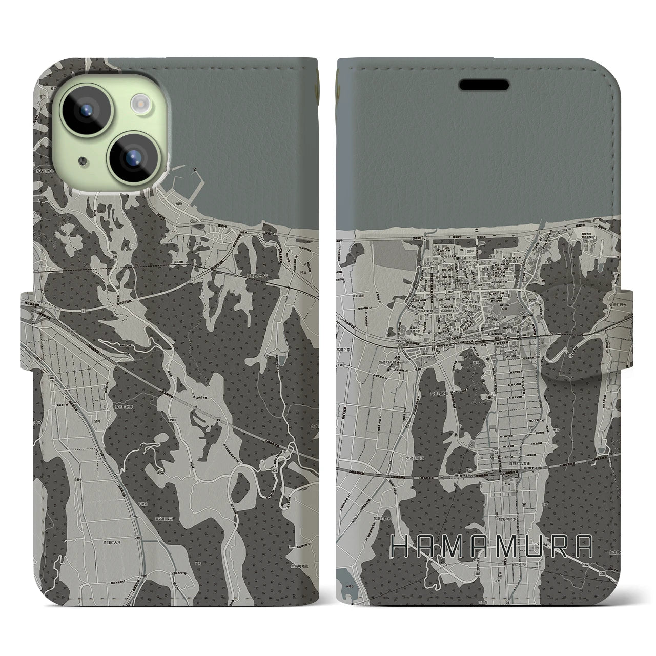 【浜村(鳥取県)】地図柄iPhoneケース(手帳タイプ)モノトーン・iPhone 15 用