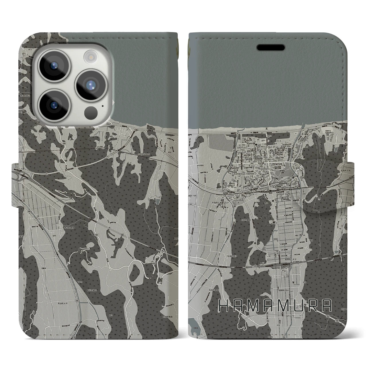 【浜村(鳥取県)】地図柄iPhoneケース(手帳タイプ)モノトーン・iPhone 15 Pro 用