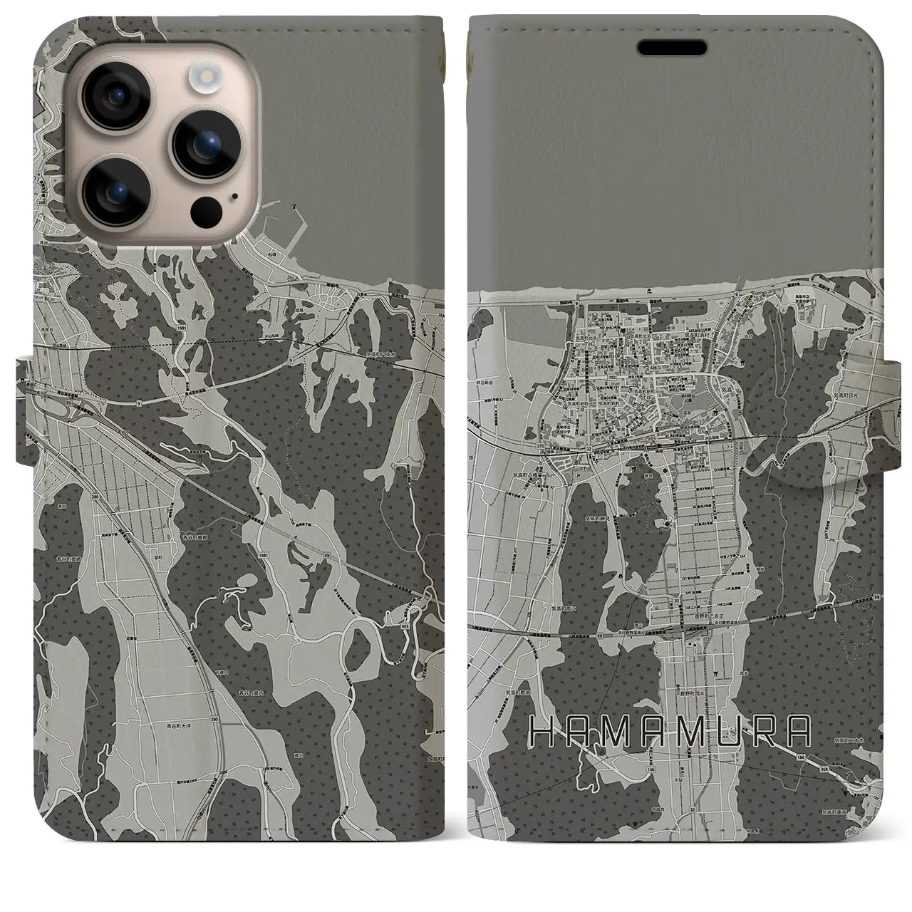 【浜村(鳥取県)】地図柄iPhoneケース(手帳タイプ)モノトーン・iPhone 16 Plus 用
