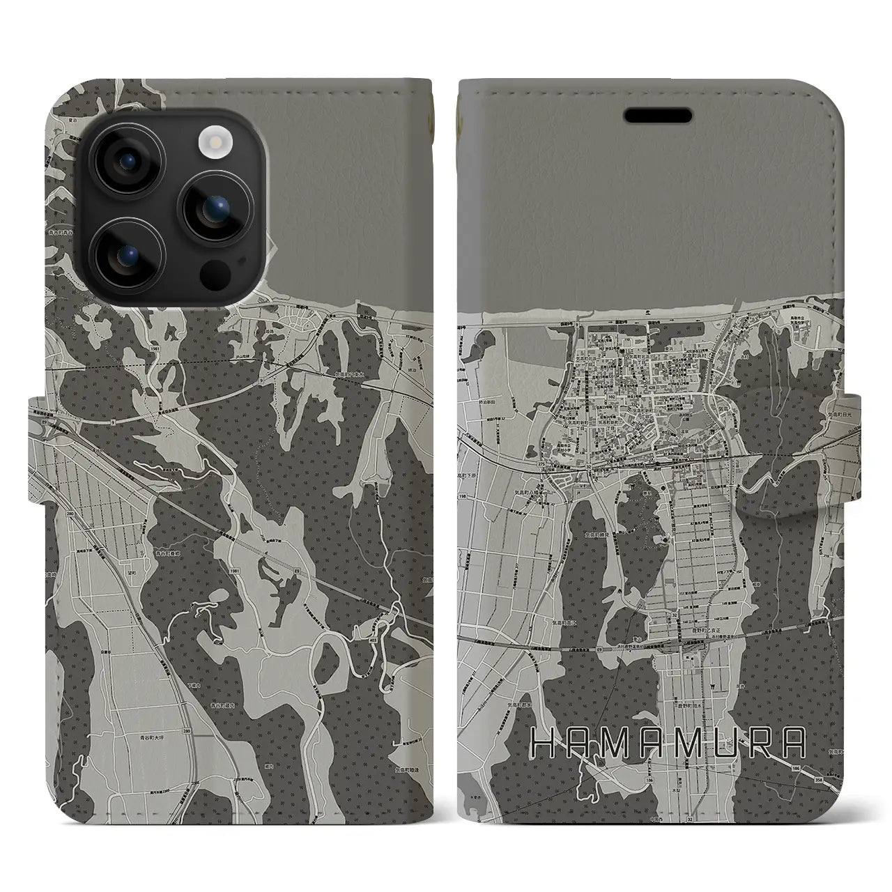 【浜村(鳥取県)】地図柄iPhoneケース(手帳タイプ)モノトーン・iPhone 16 用