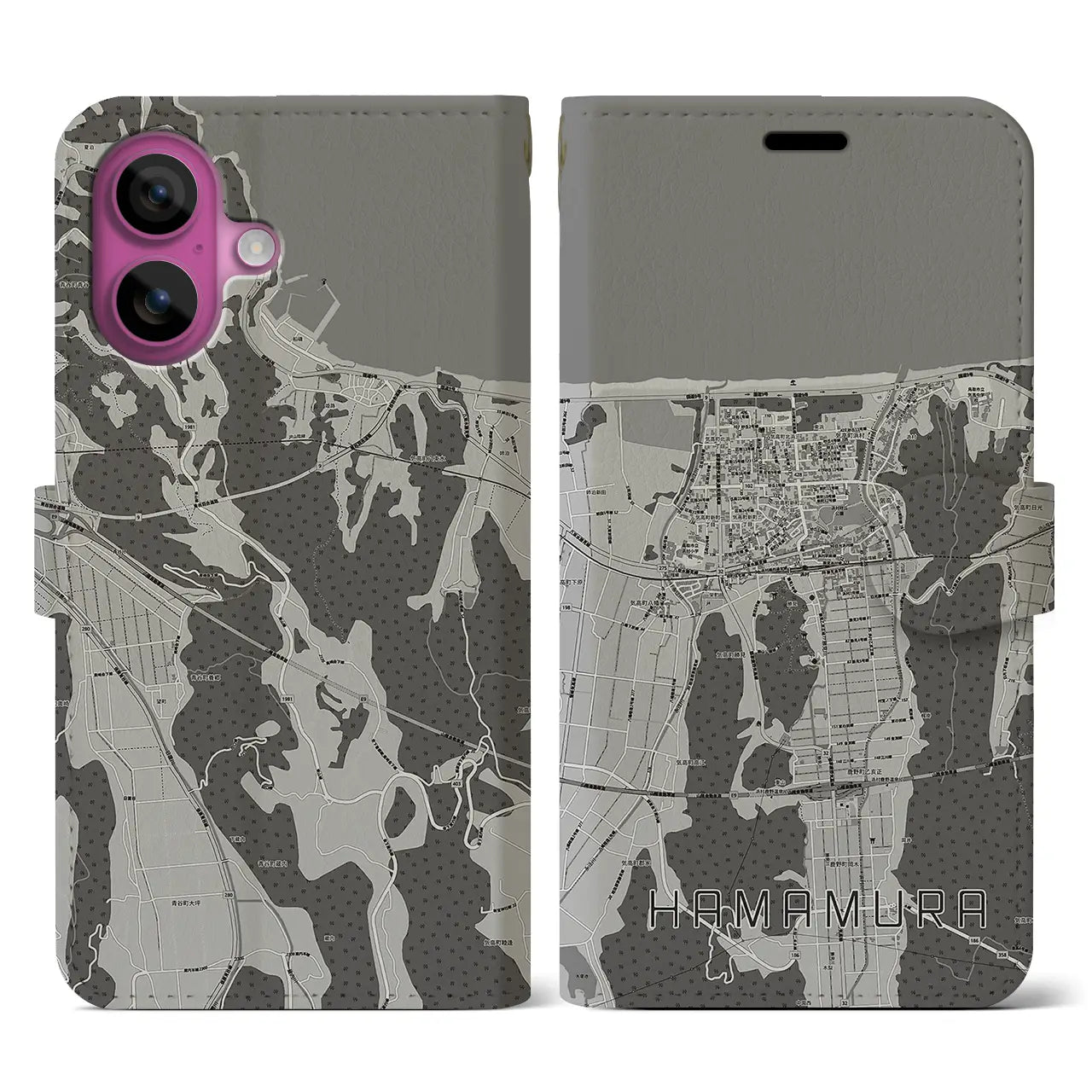 【浜村(鳥取県)】地図柄iPhoneケース(手帳タイプ)モノトーン・iPhone 16 Pro 用