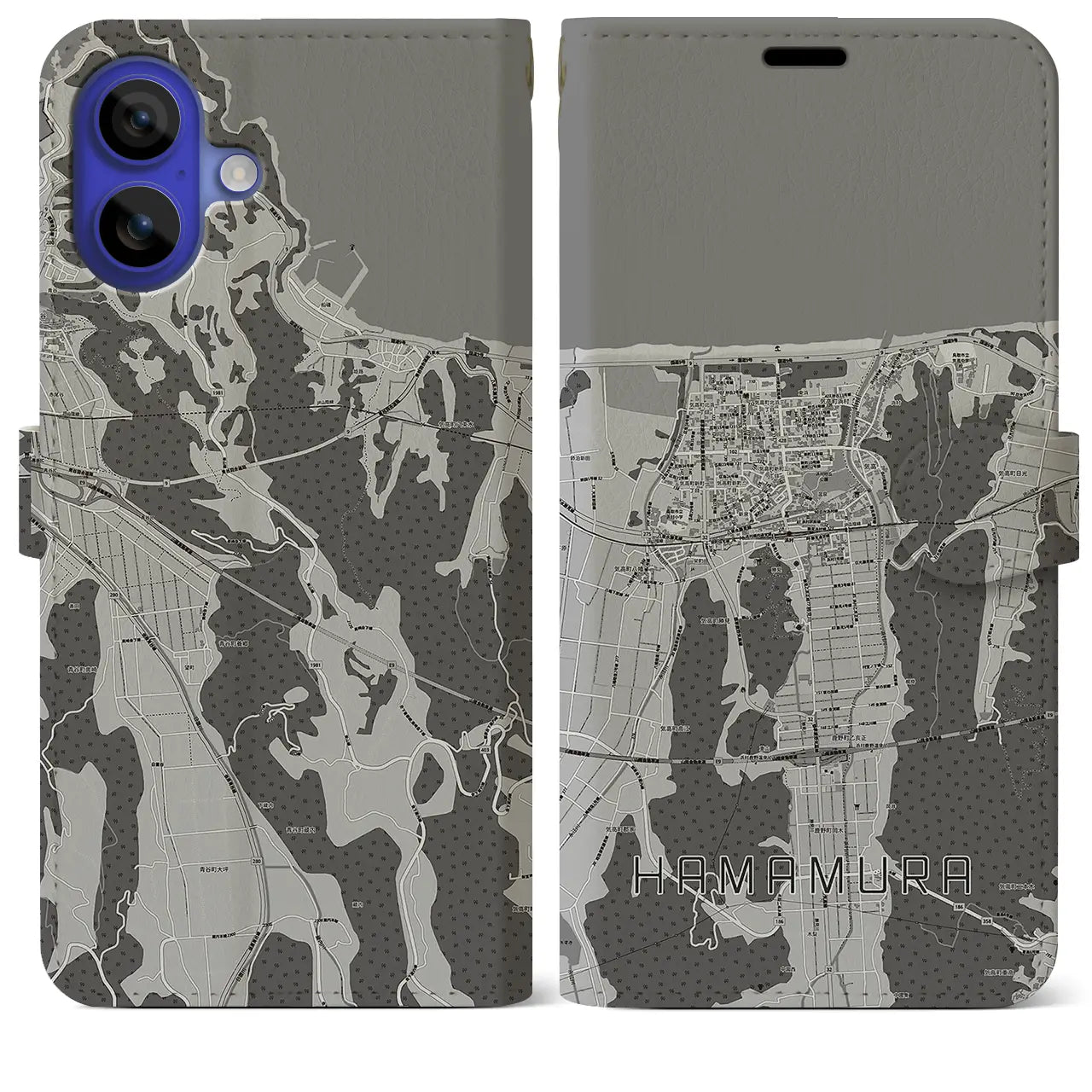 【浜村(鳥取県)】地図柄iPhoneケース(手帳タイプ)モノトーン・iPhone 16 Pro Max 用