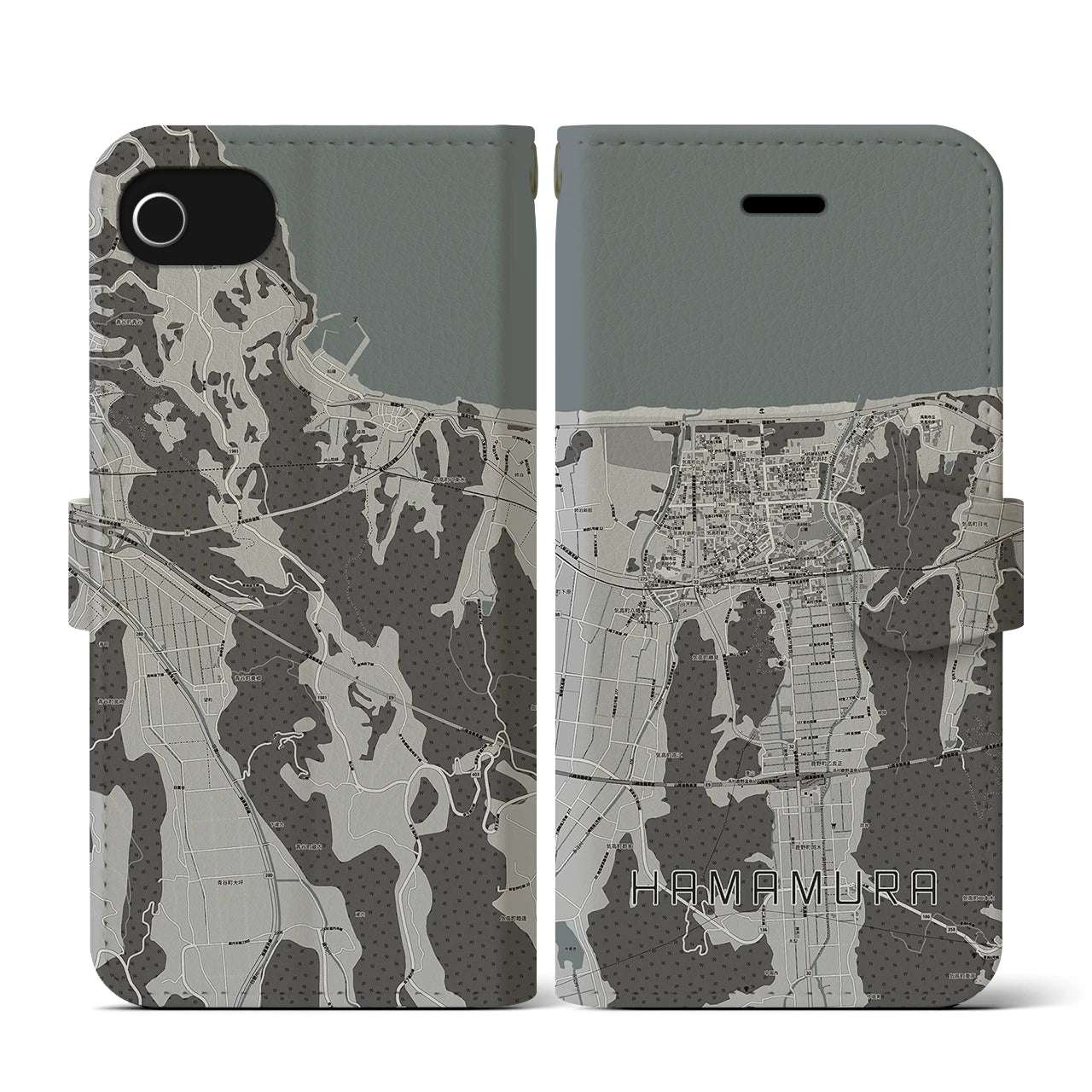 【浜村(鳥取県)】地図柄iPhoneケース(手帳タイプ)モノトーン・iPhone SE(第3 / 第2世代) / 8 / 7 / 6s / 6 用