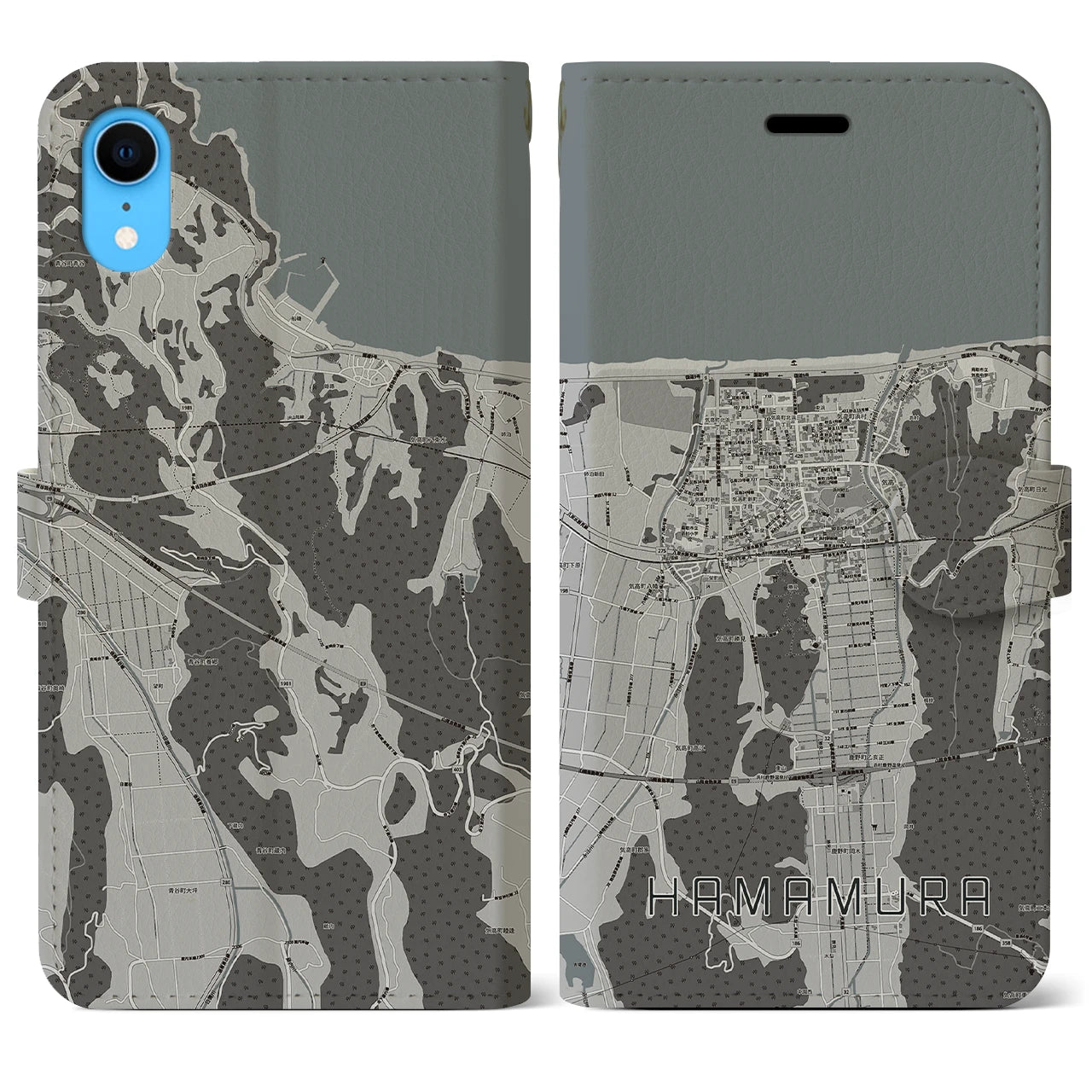 【浜村(鳥取県)】地図柄iPhoneケース(手帳タイプ)モノトーン・iPhone XR 用