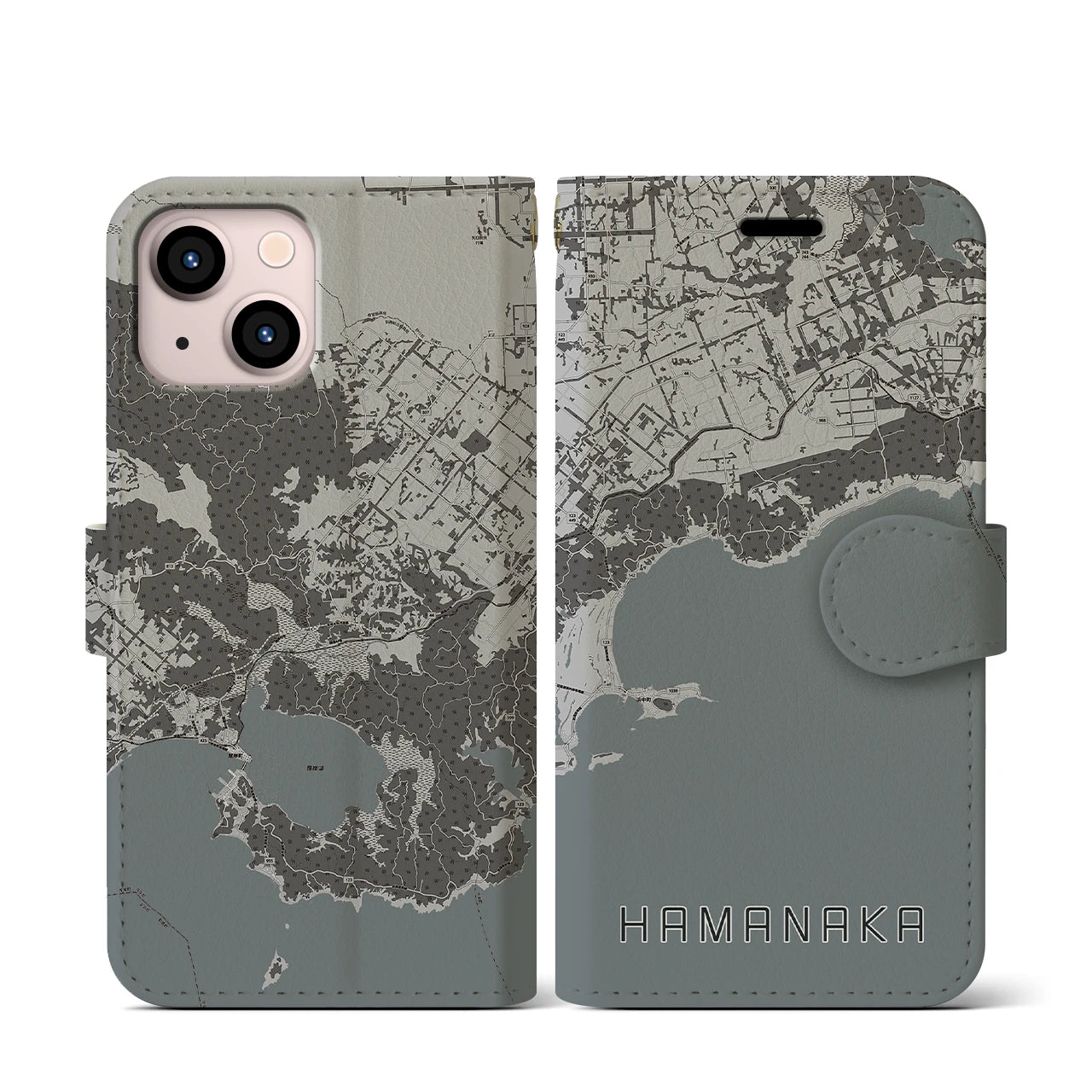 【浜中(北海道)】地図柄iPhoneケース(手帳タイプ)モノトーン・iPhone 13 mini 用