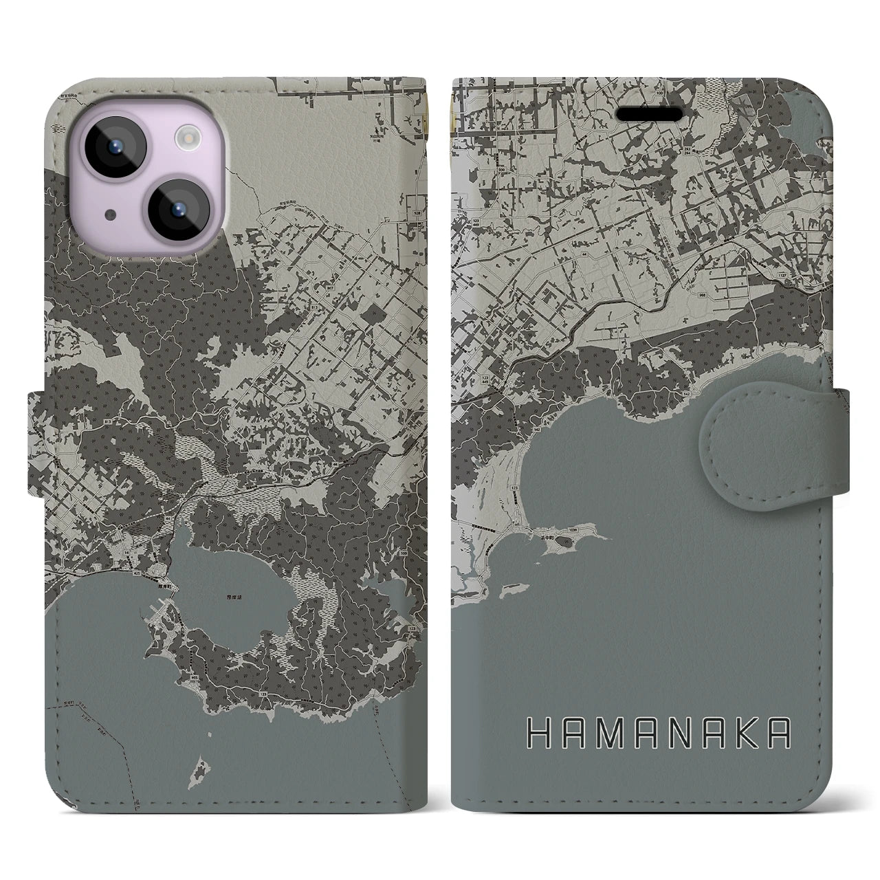 【浜中(北海道)】地図柄iPhoneケース(手帳タイプ)モノトーン・iPhone 14 用
