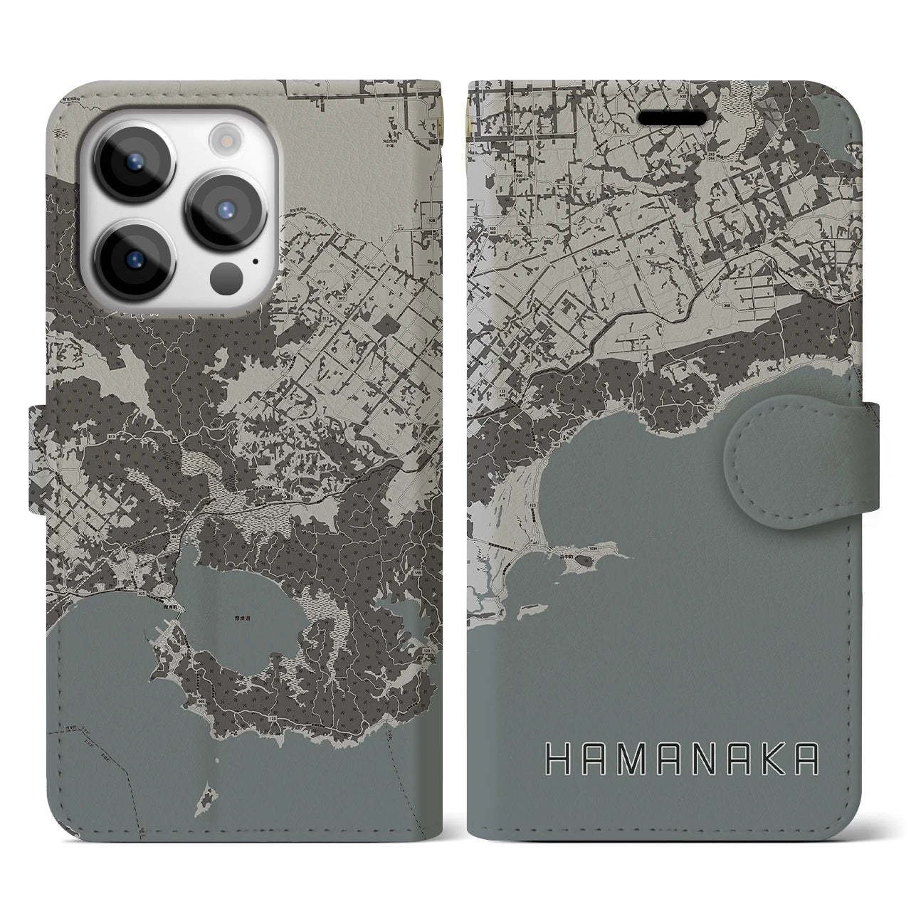 【浜中(北海道)】地図柄iPhoneケース(手帳タイプ)モノトーン・iPhone 14 Pro 用