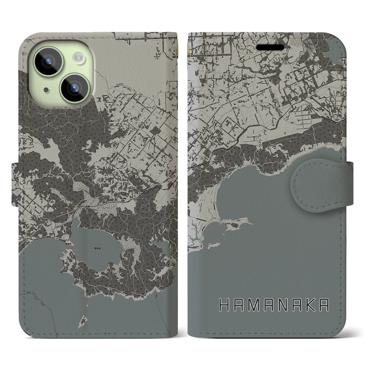 【浜中(北海道)】地図柄iPhoneケース(手帳タイプ)モノトーン・iPhone 15 用