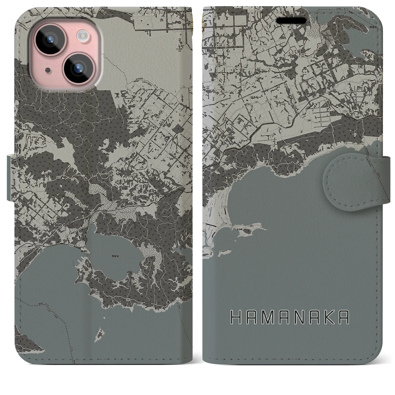 【浜中(北海道)】地図柄iPhoneケース(手帳タイプ)モノトーン・iPhone 15 Plus 用