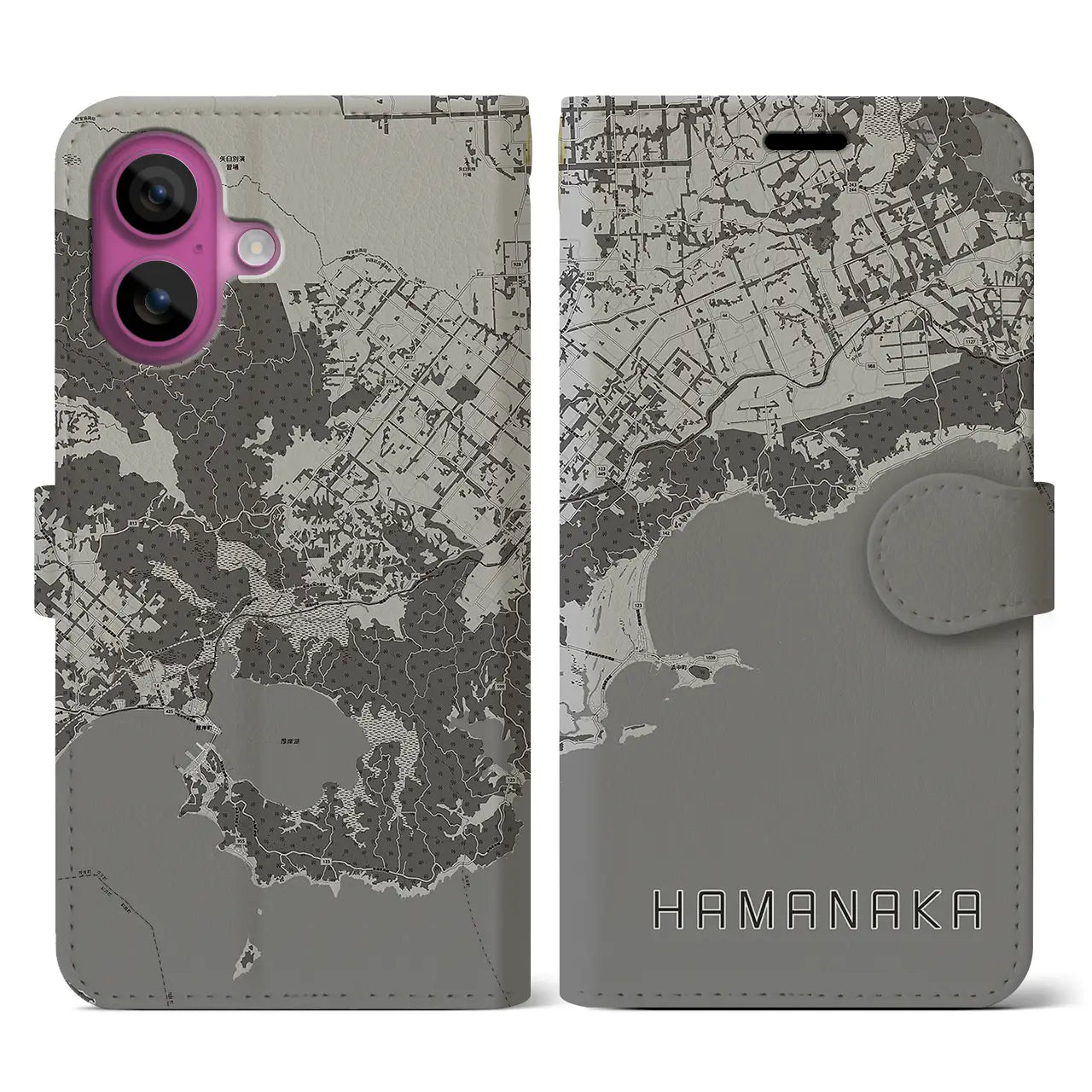 【浜中(北海道)】地図柄iPhoneケース(手帳タイプ)モノトーン・iPhone 16 Pro 用