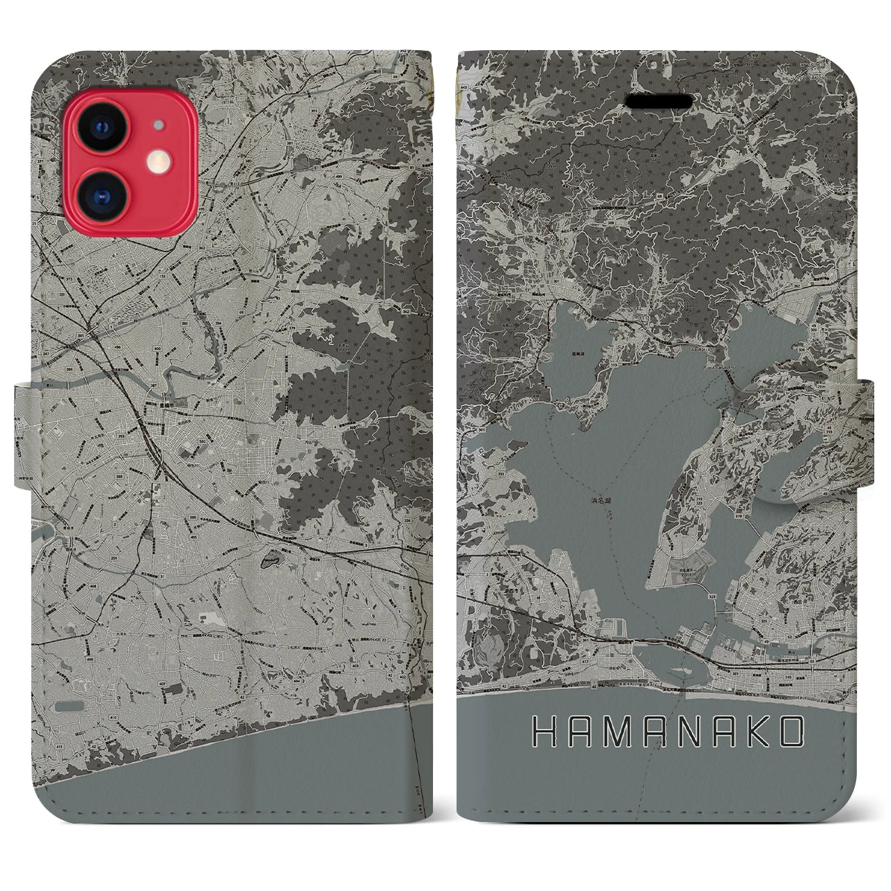 【浜名湖(静岡県)】地図柄iPhoneケース(手帳タイプ)モノトーン・iPhone 11 用