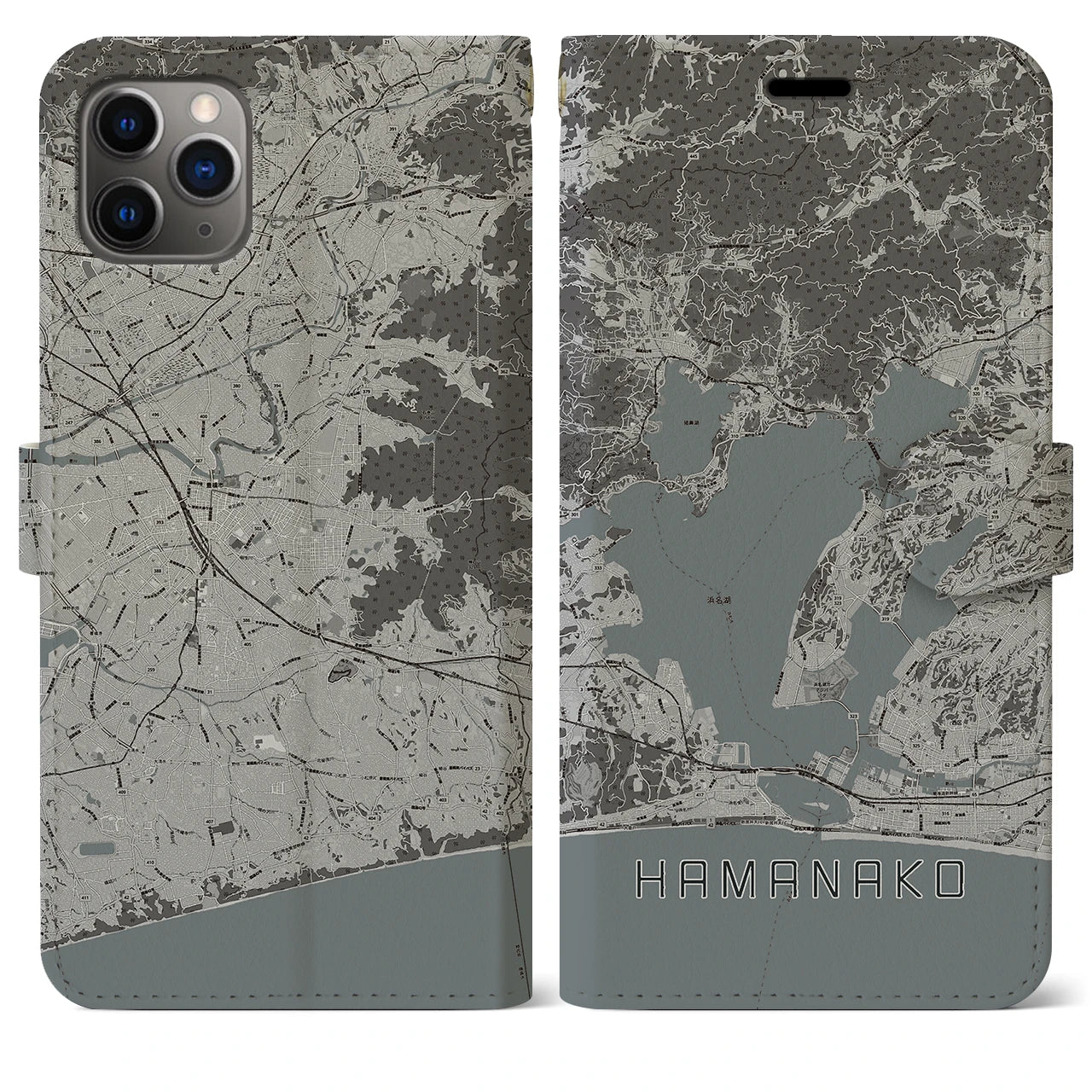 【浜名湖(静岡県)】地図柄iPhoneケース(手帳タイプ)モノトーン・iPhone 11 Pro Max 用