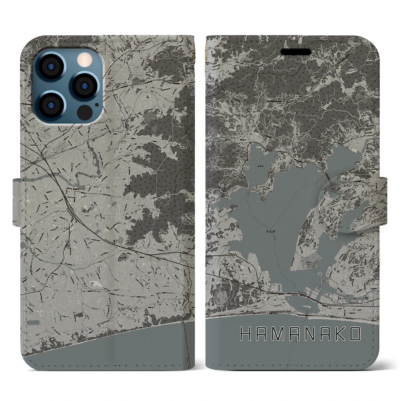 【浜名湖(静岡県)】地図柄iPhoneケース(手帳タイプ)モノトーン・iPhone 12 / 12 Pro 用