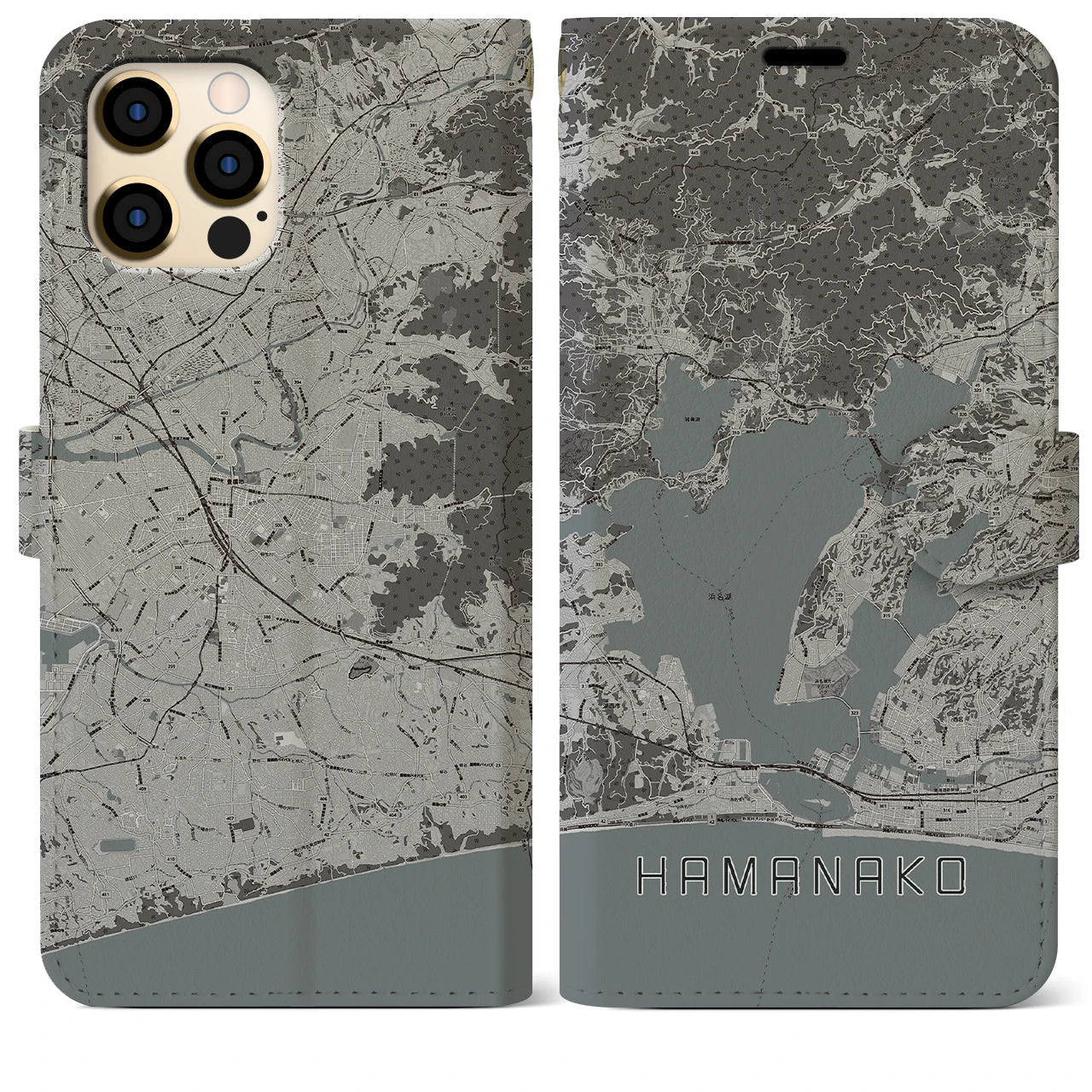 【浜名湖(静岡県)】地図柄iPhoneケース(手帳タイプ)モノトーン・iPhone 12 Pro Max 用