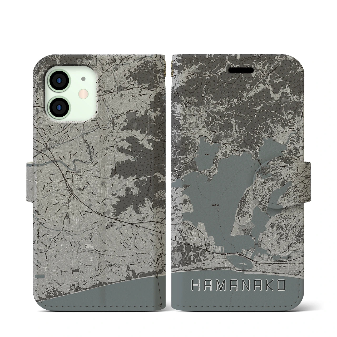 【浜名湖(静岡県)】地図柄iPhoneケース(手帳タイプ)モノトーン・iPhone 12 mini 用