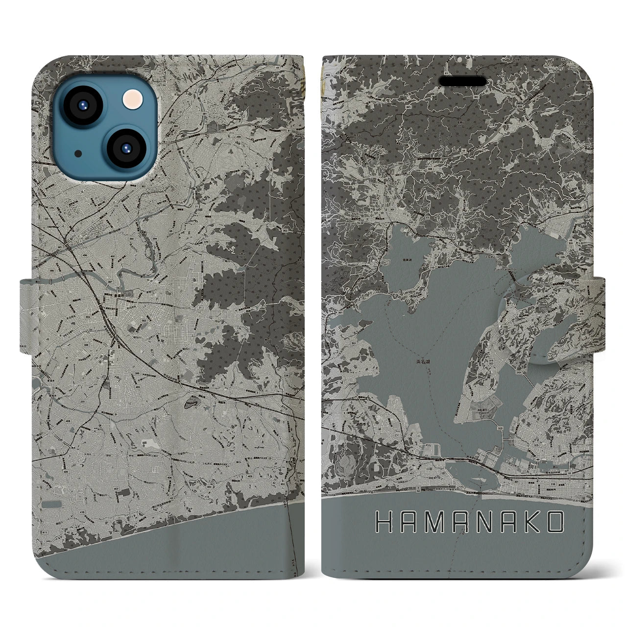 【浜名湖(静岡県)】地図柄iPhoneケース(手帳タイプ)モノトーン・iPhone 13 用