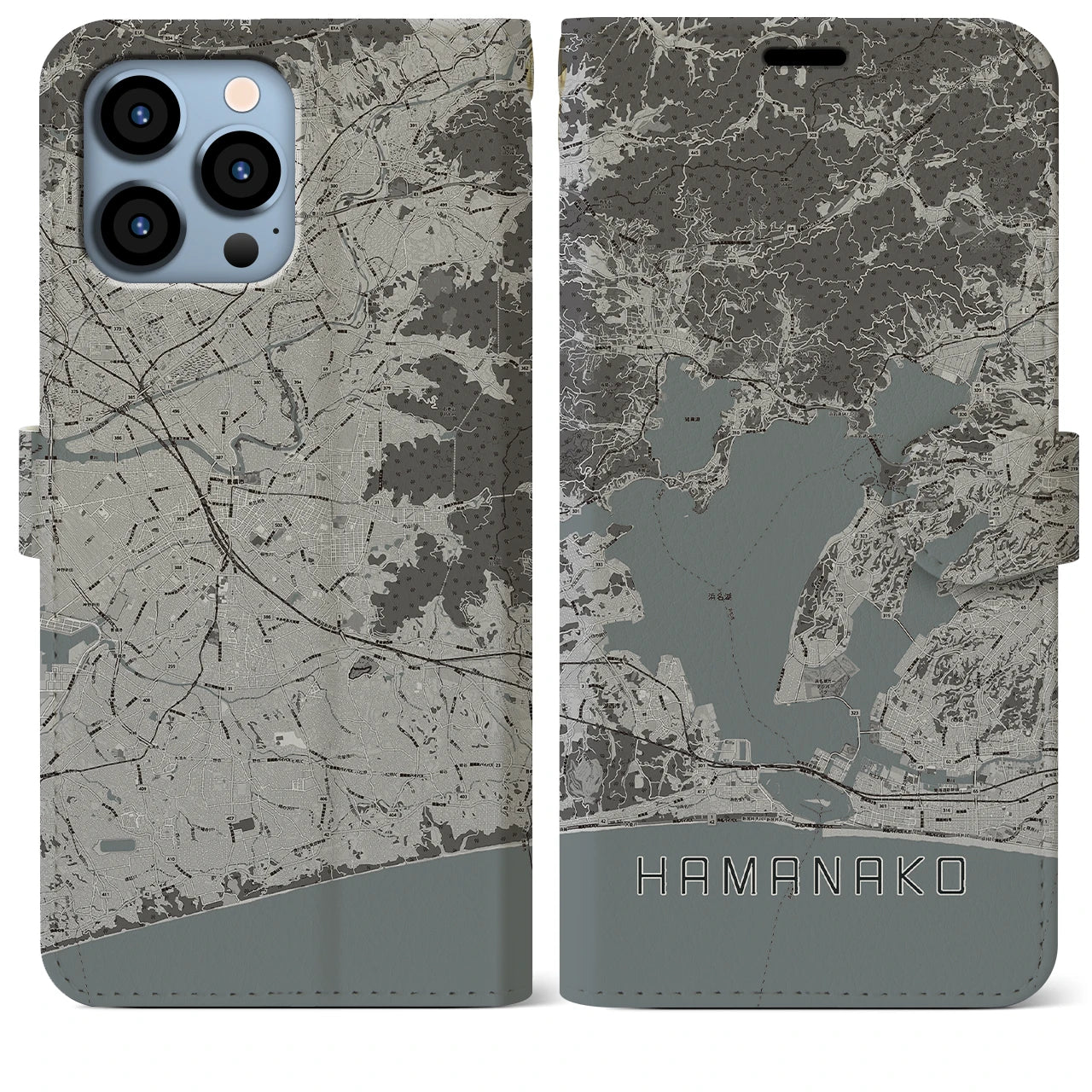 【浜名湖(静岡県)】地図柄iPhoneケース(手帳タイプ)モノトーン・iPhone 13 Pro Max 用