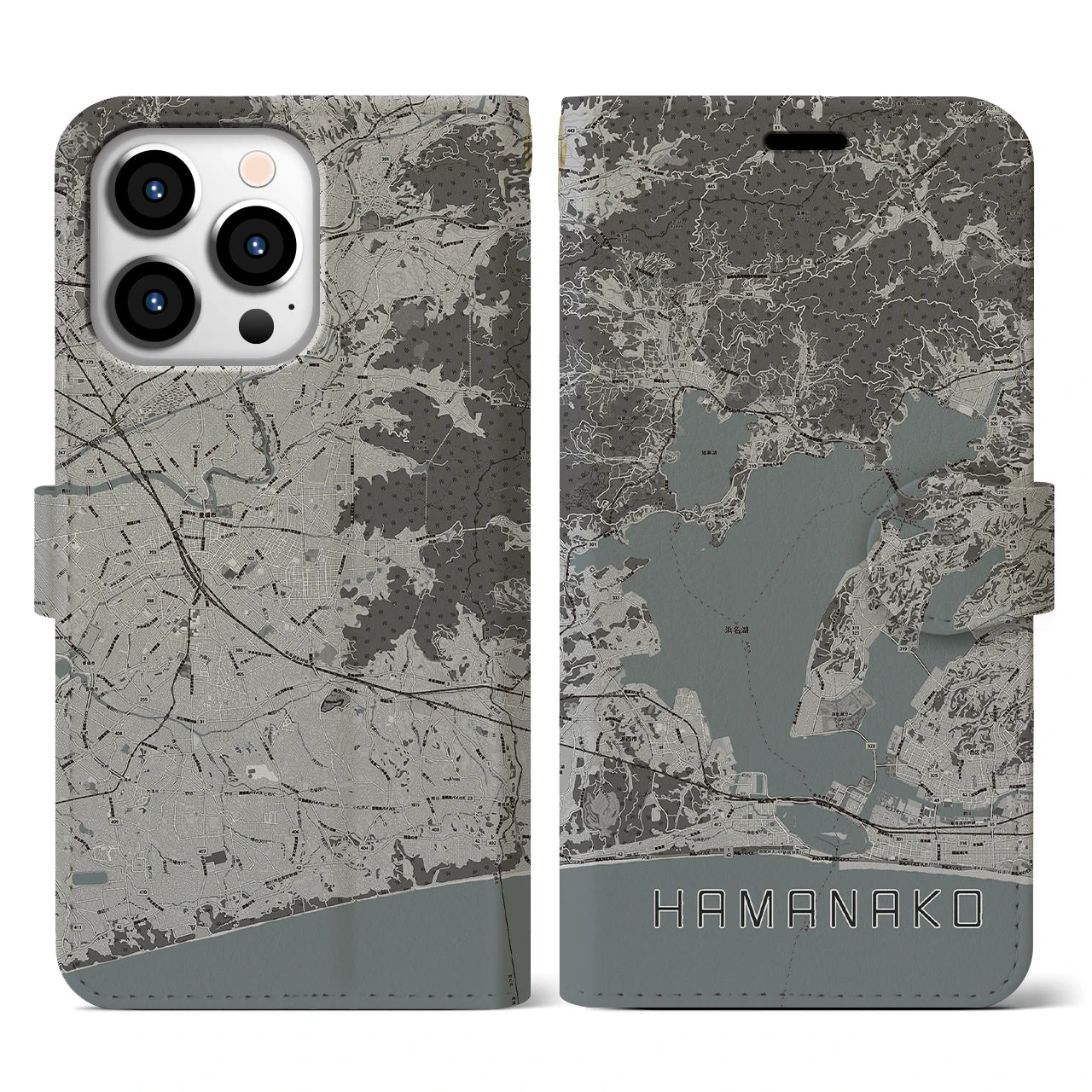 【浜名湖(静岡県)】地図柄iPhoneケース(手帳タイプ)モノトーン・iPhone 13 Pro 用