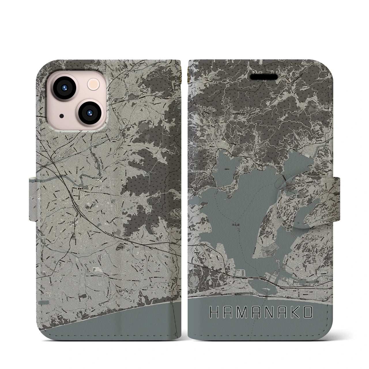 【浜名湖(静岡県)】地図柄iPhoneケース(手帳タイプ)モノトーン・iPhone 13 mini 用