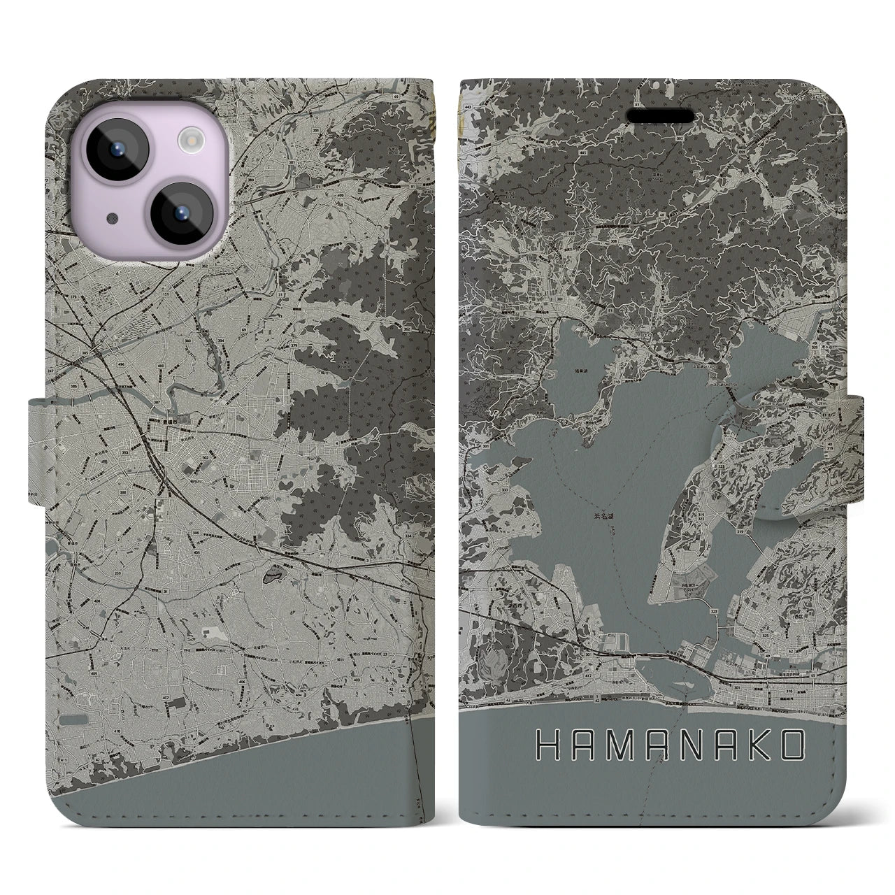【浜名湖(静岡県)】地図柄iPhoneケース(手帳タイプ)モノトーン・iPhone 14 用